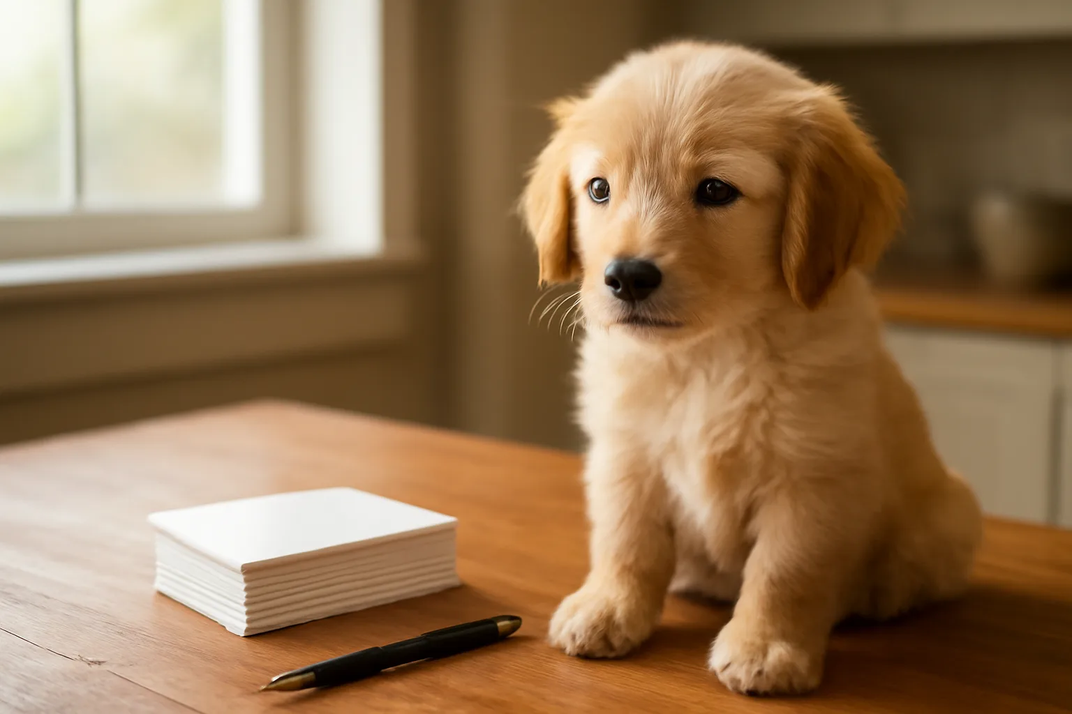 Puppy sitting on a table beside blank paperwork forms and a pen