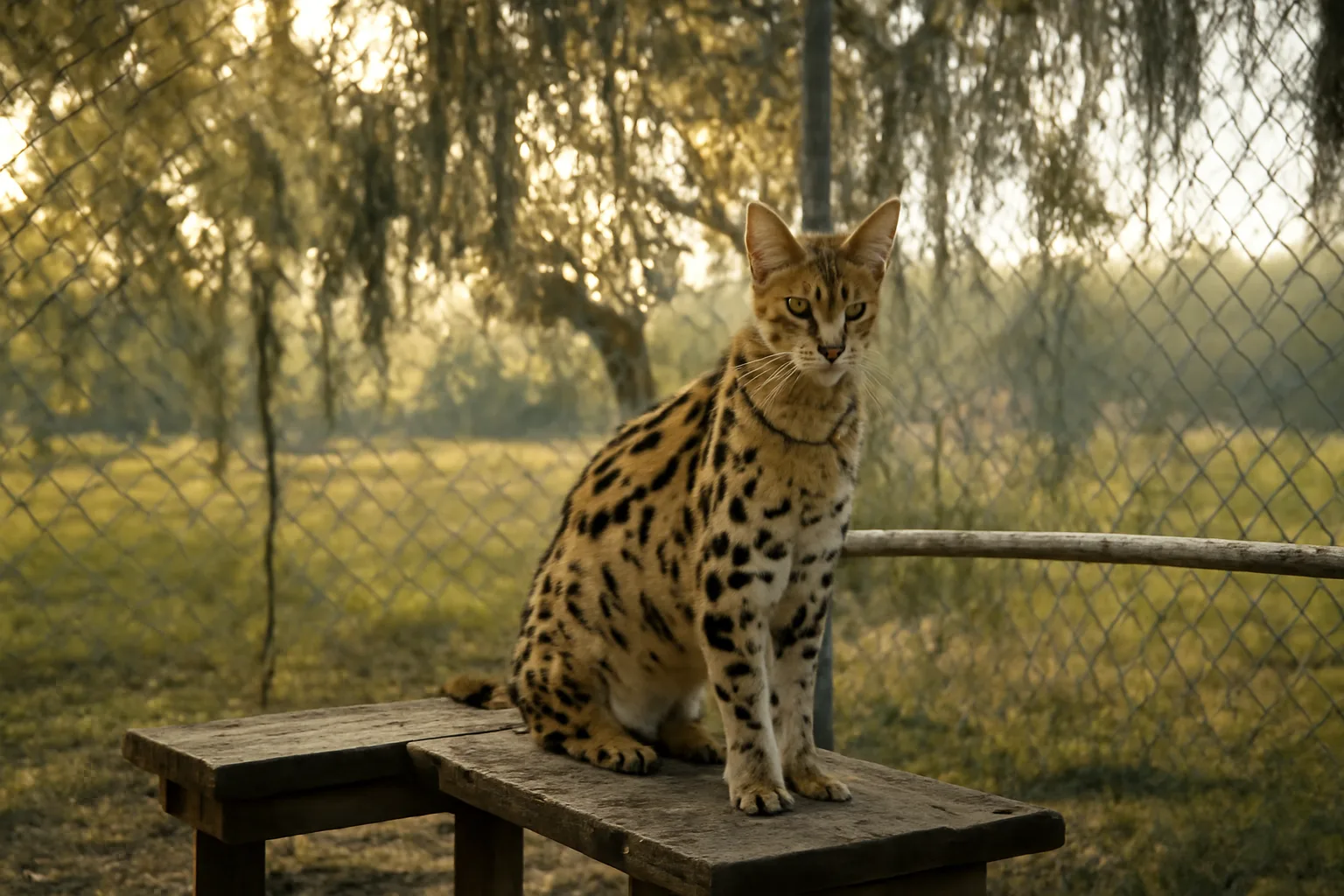 Exotic serval cat inside a fenced outdoor enclosure in rural Louisiana
