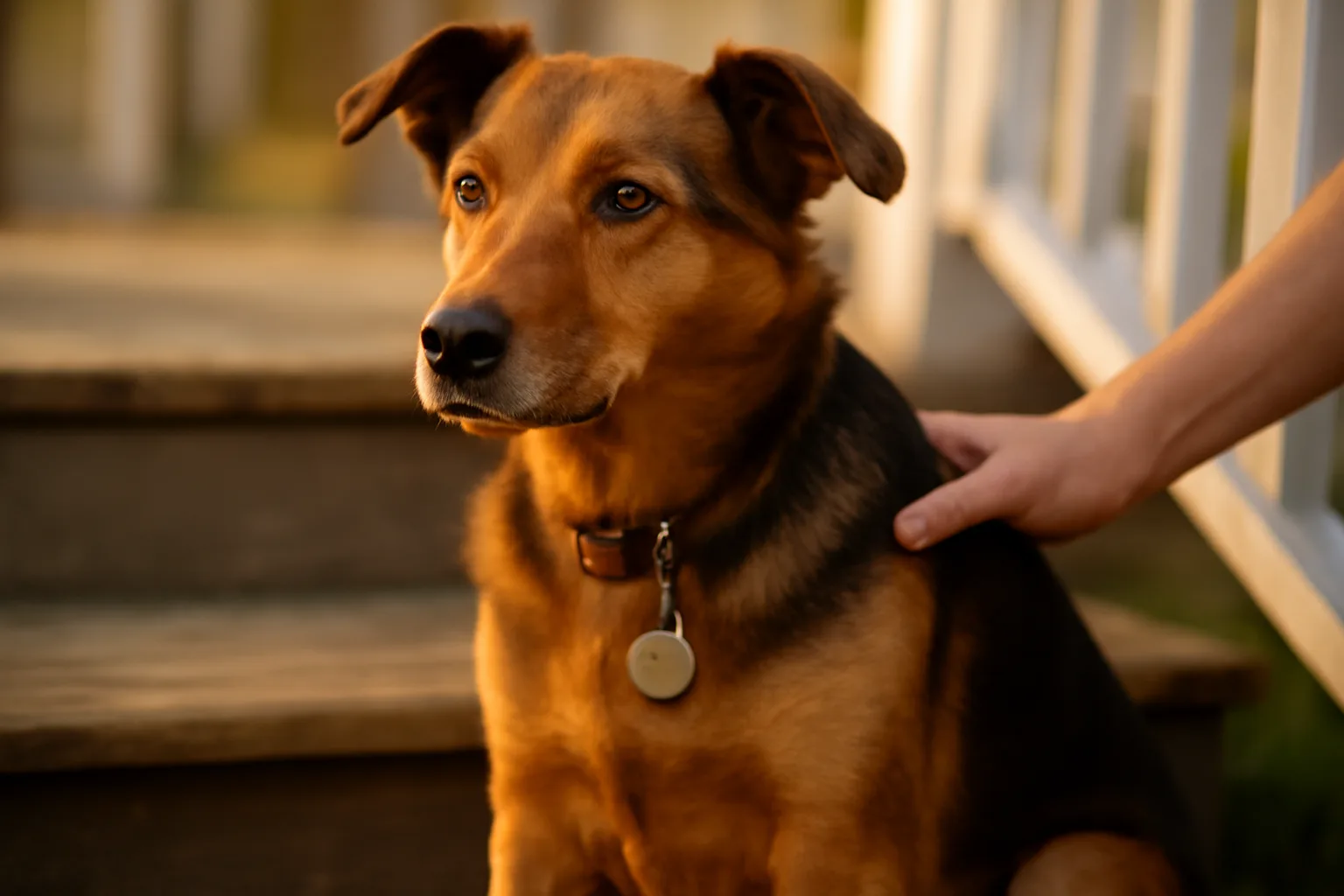 Mixed-breed dog wearing a county license tag on its collar outdoors