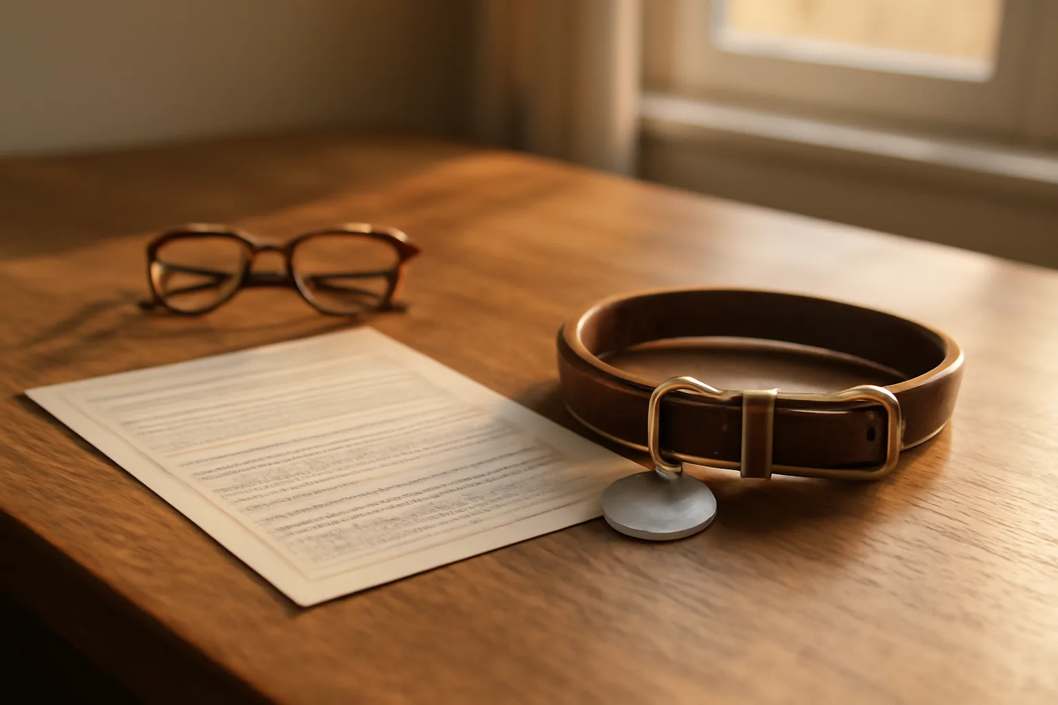 desk scene with vaccination certificate and dog tag representing dog registration paperwork