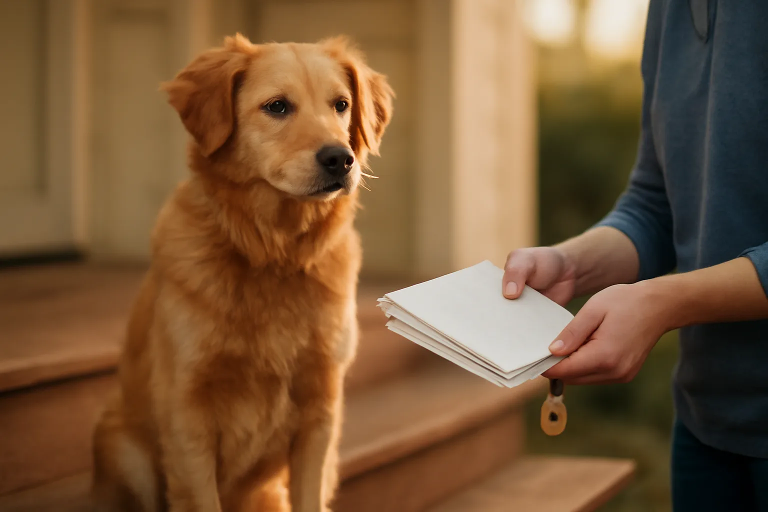 Owner holding dog registration papers and a license tag beside a seated dog