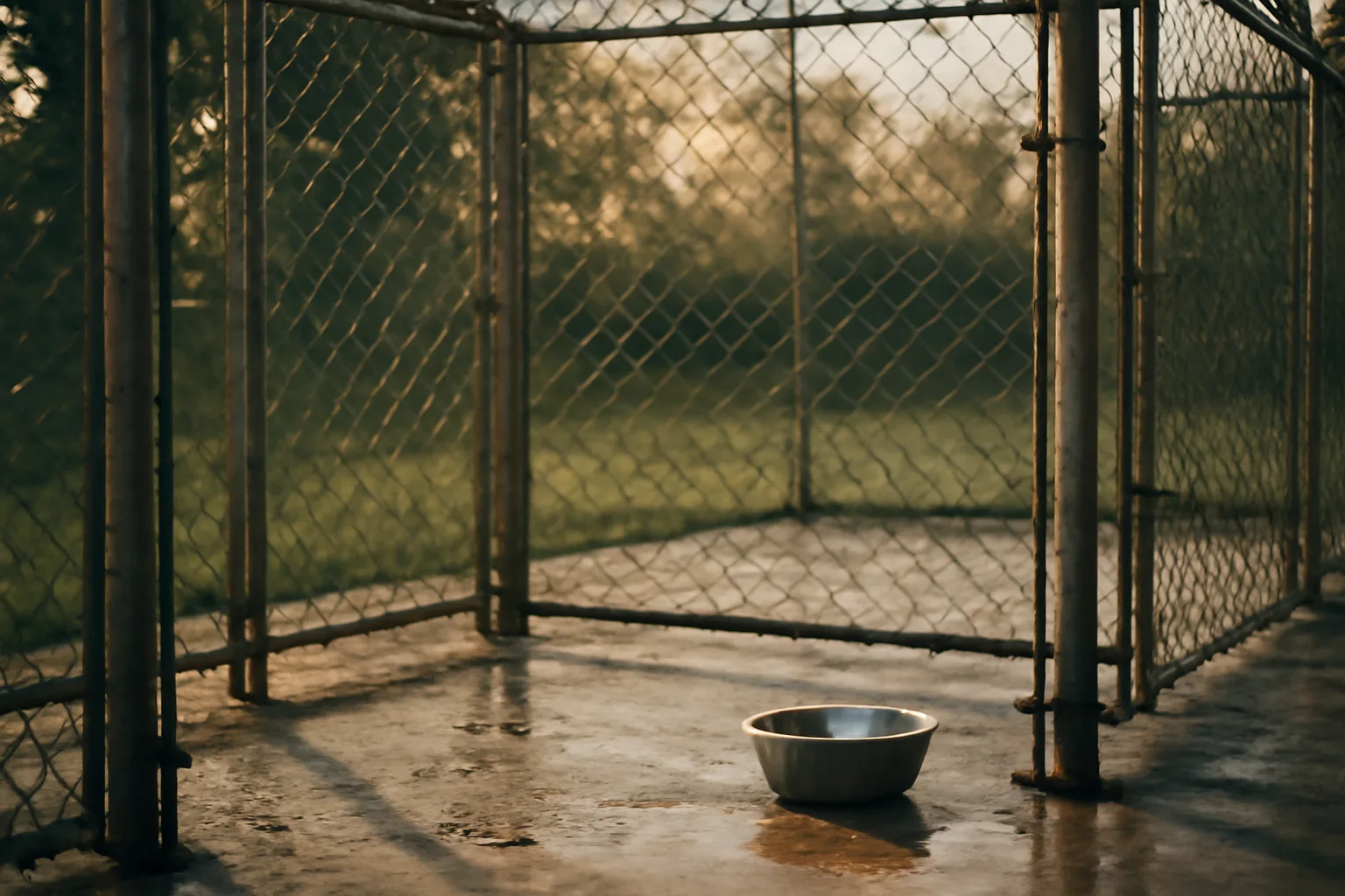 Empty outdoor kennel run at sunrise before a facility inspection