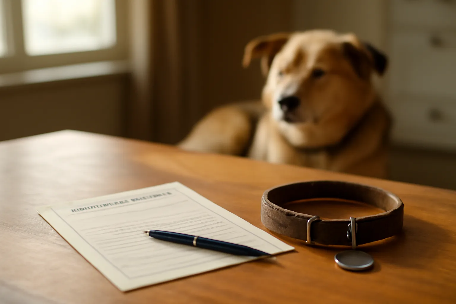 Rabies certificate and dog collar tag on a table while getting papers for a dog