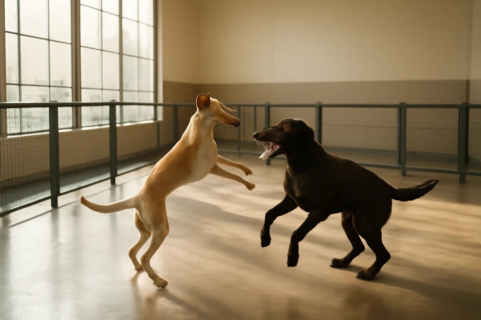Indoor dog day care play area with sealed flooring and dogs playing in morning light