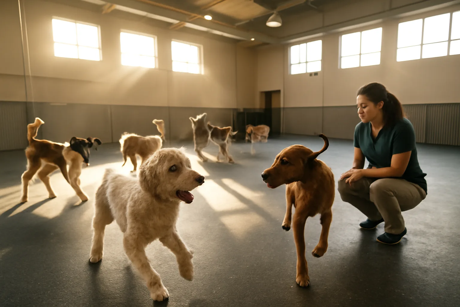 Staff member supervising dogs playing in a bright indoor daycare facility