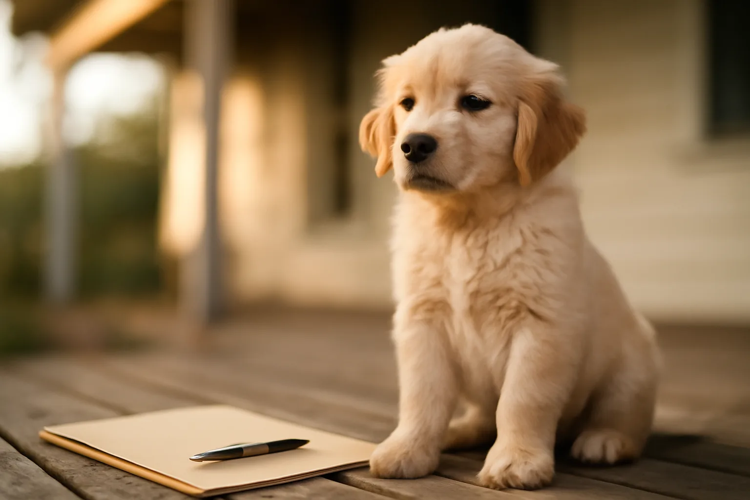 Puppy sitting next to registration paperwork on a porch in afternoon light