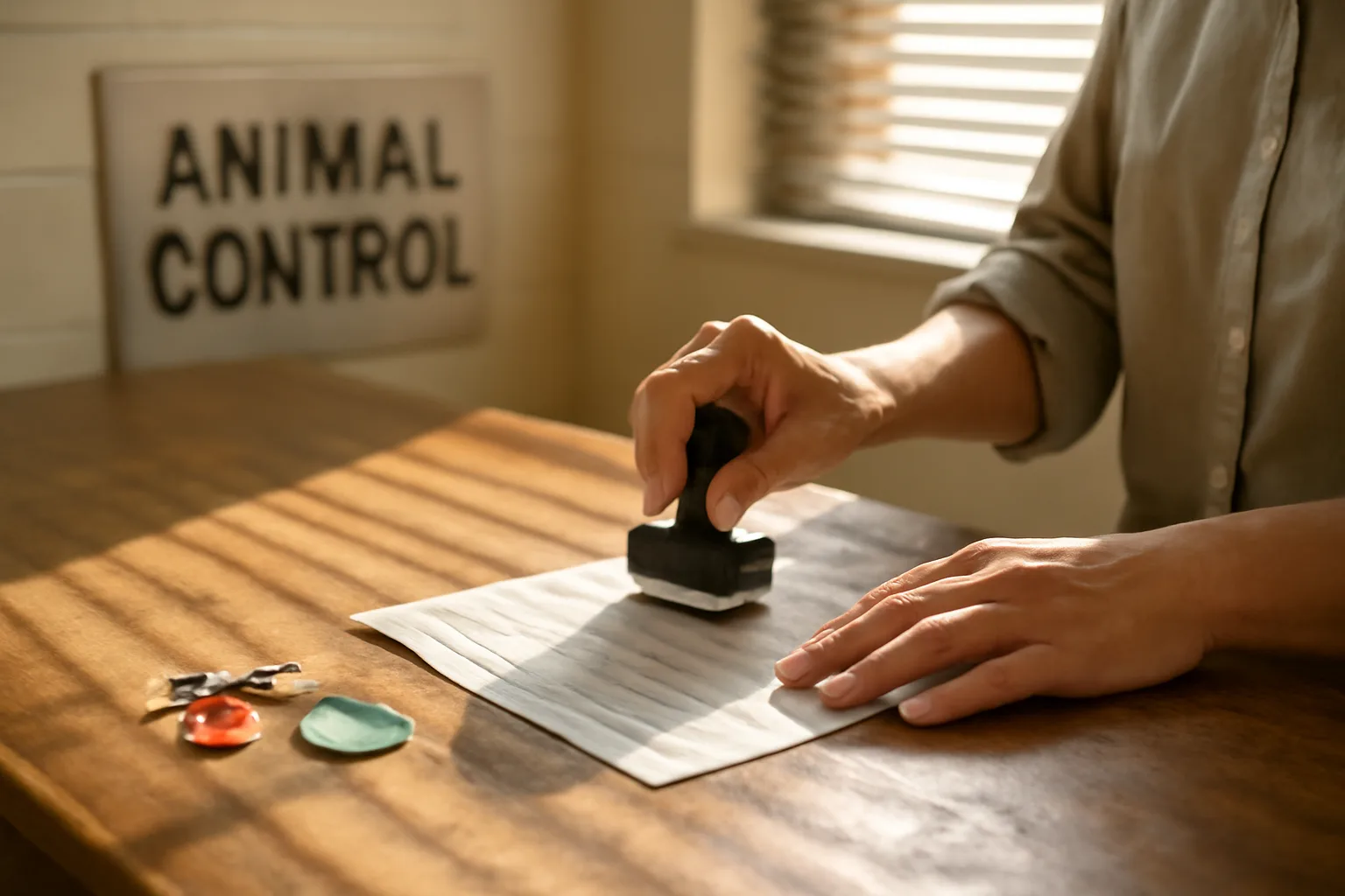 Clerk's hands stamping paperwork beside dog ID tags at a county office counter