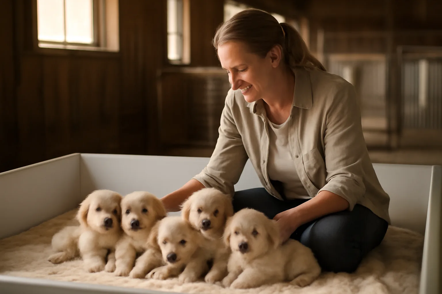 Breeder checking a litter of puppies in a whelping pen before registering them