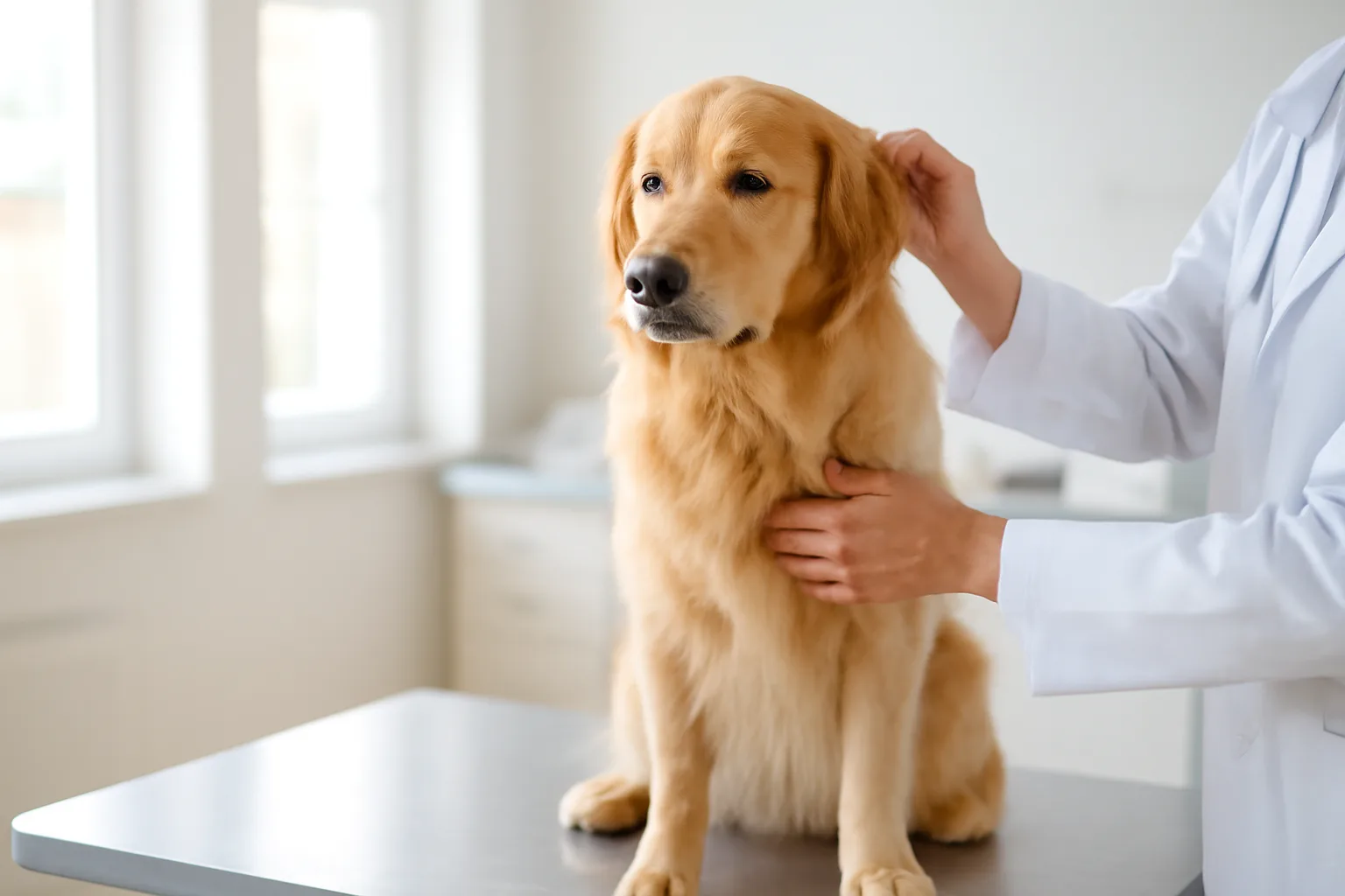 Vet checking a dog's ear during a rabies vaccination visit before license registration