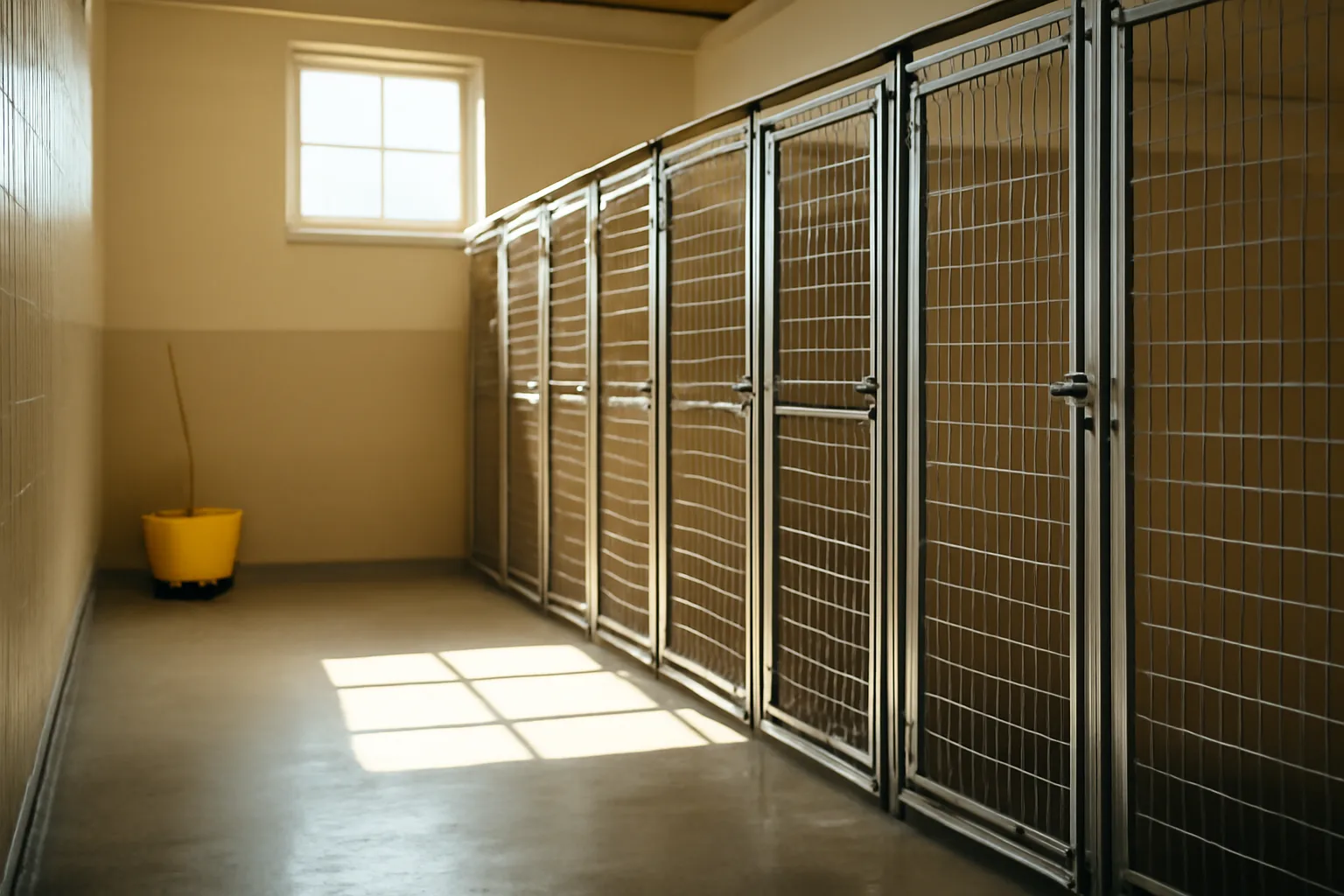Bright hallway of kennel runs inside a dog boarding facility in morning light