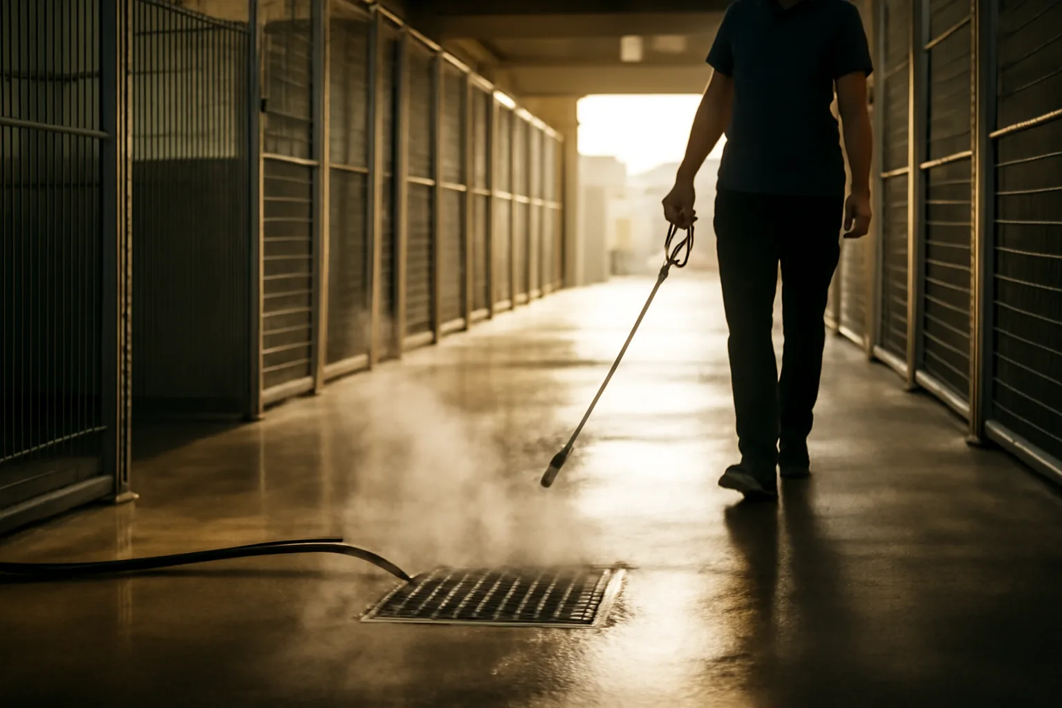 Staff member walking past clean rows of dog boarding kennel runs at sunrise