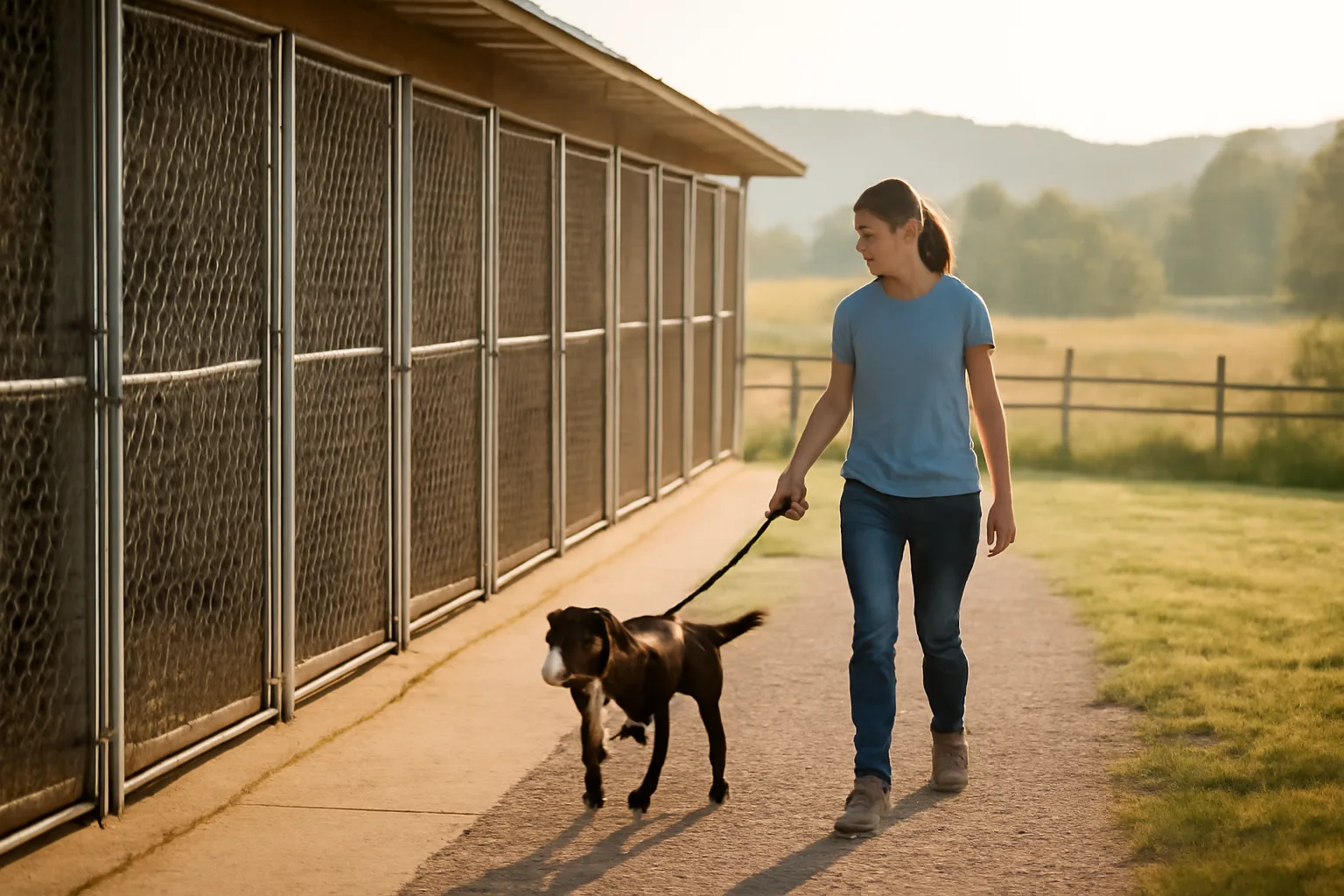 Outdoor kennel runs and a staff member walking a dog at a licensed boarding facility
