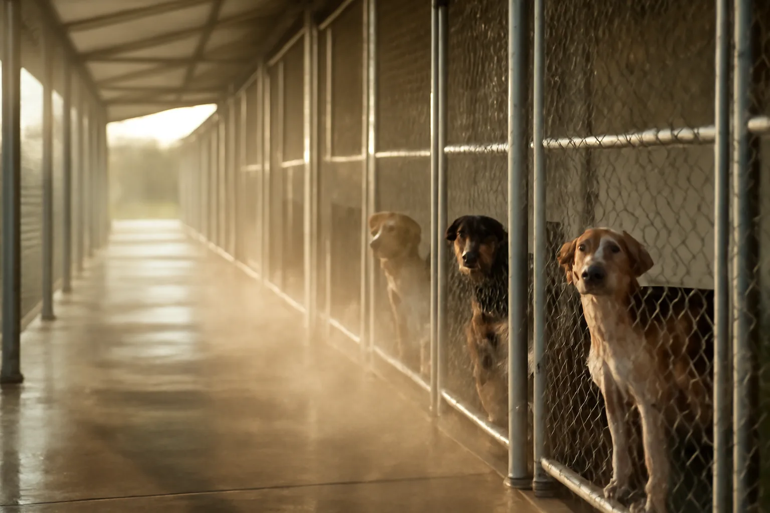 Rural Iowa commercial kennel runs at sunrise with dogs standing at fence lines