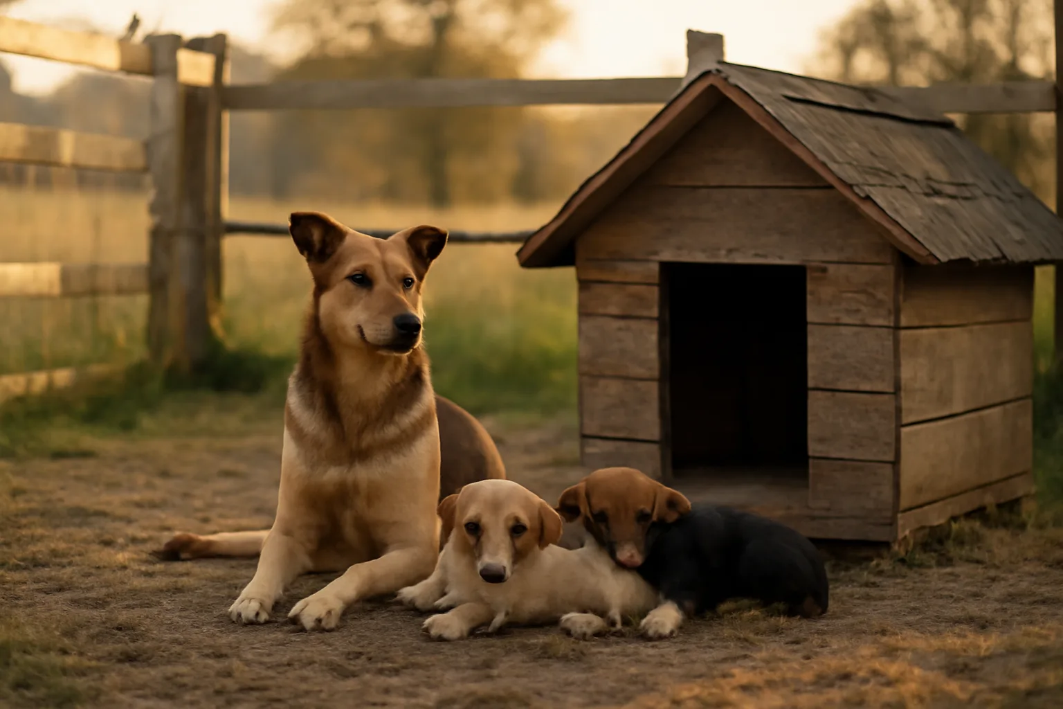 Puppies and adult dog resting near a rural kennel yard at sunrise