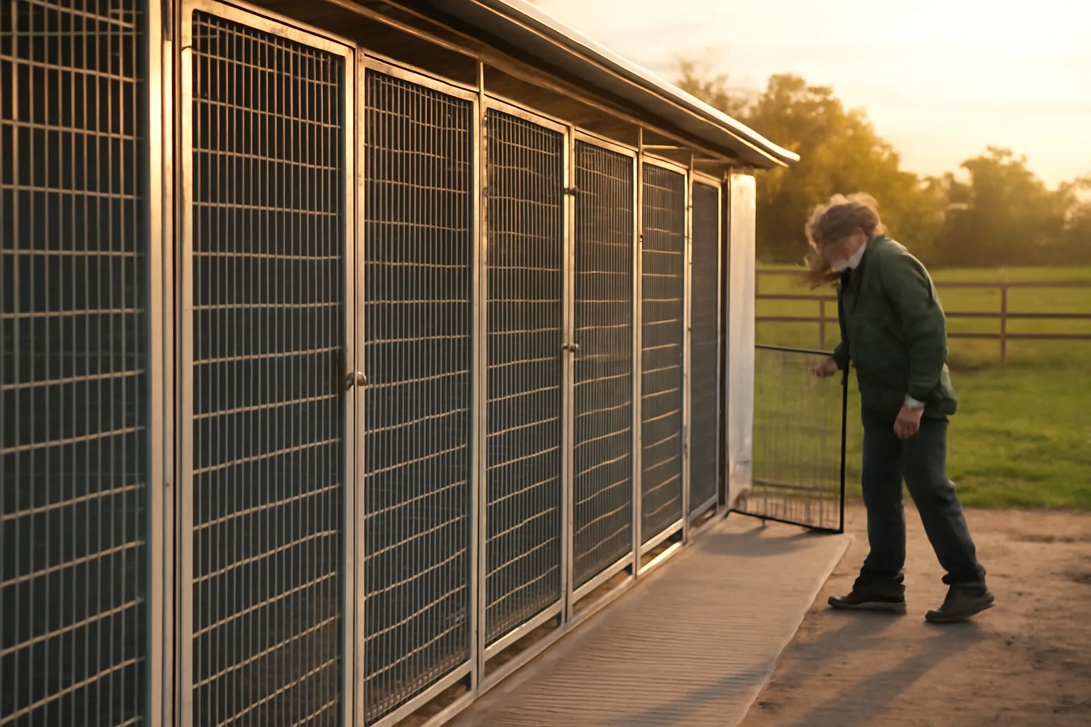 Breeder checking outdoor kennel runs on a rural property at sunset