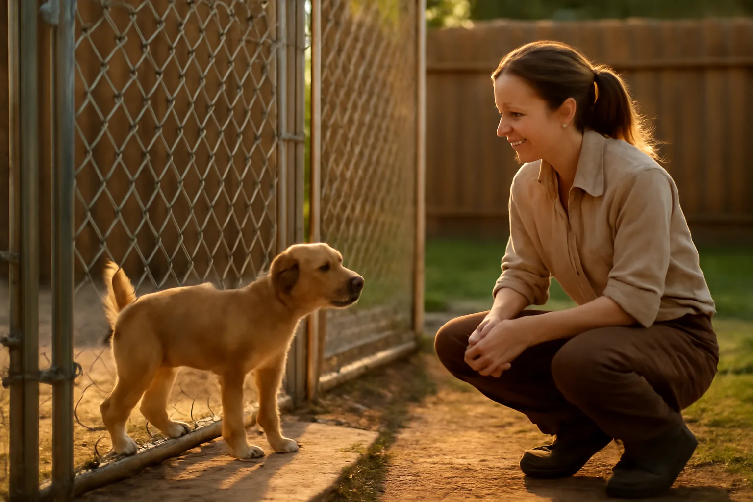 Puppy at a backyard kennel gate with owner kneeling beside it at sunset