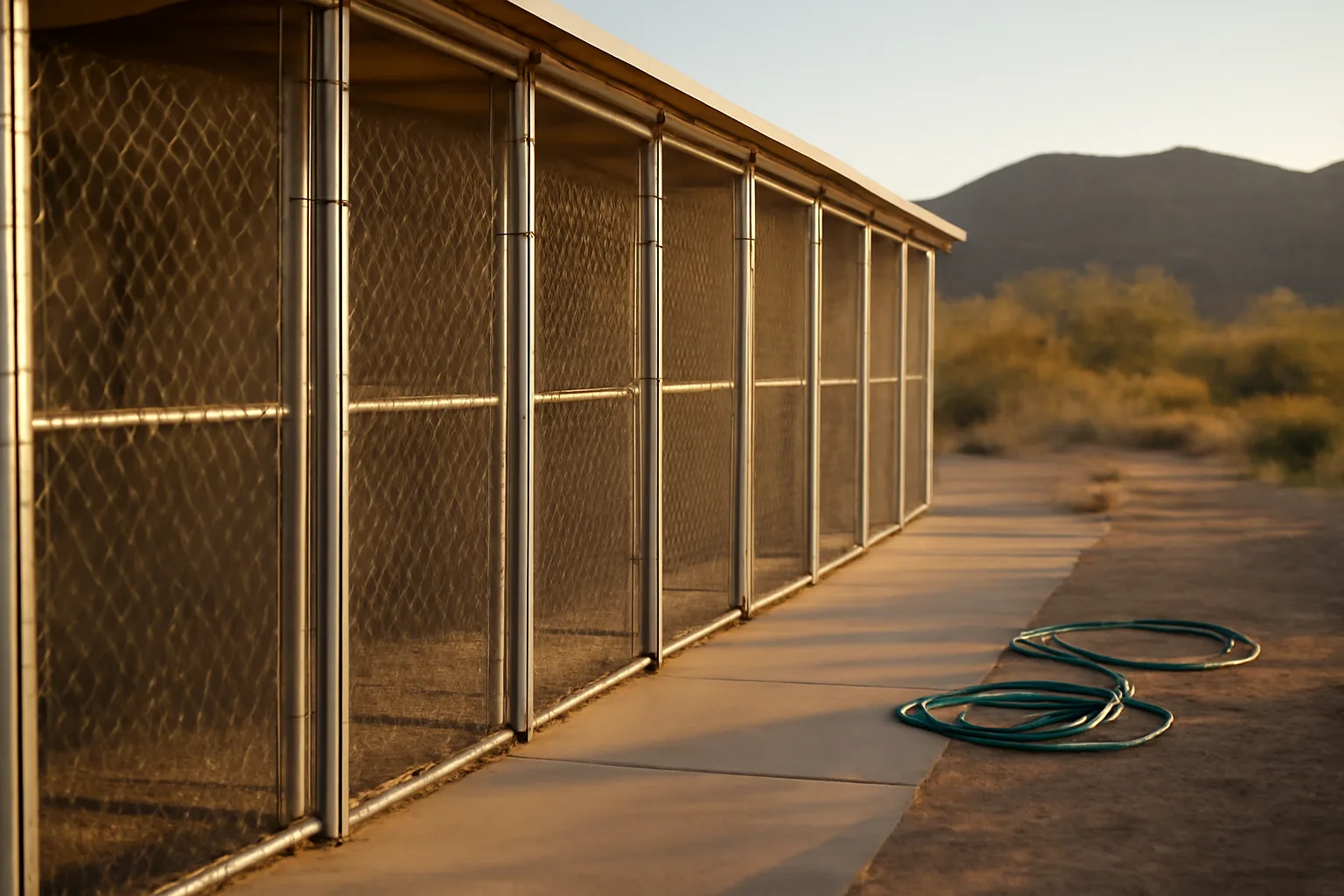 Outdoor kennel runs at an Arizona dog boarding facility in morning light