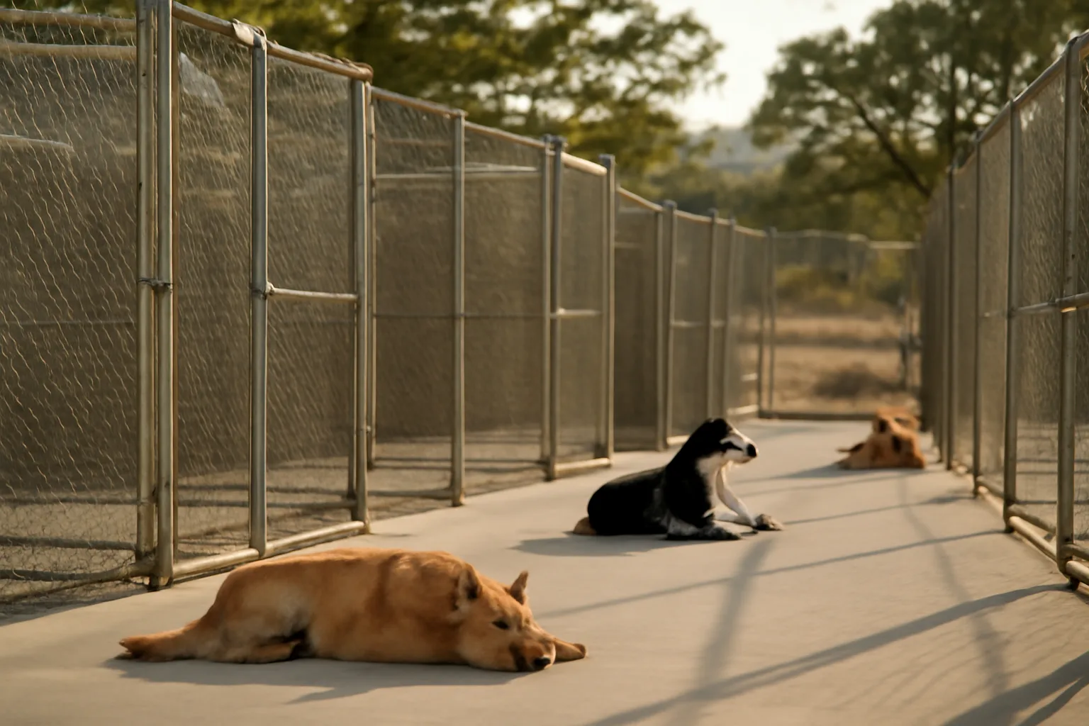 Outdoor dog kennel runs with shade and fencing on a California facility