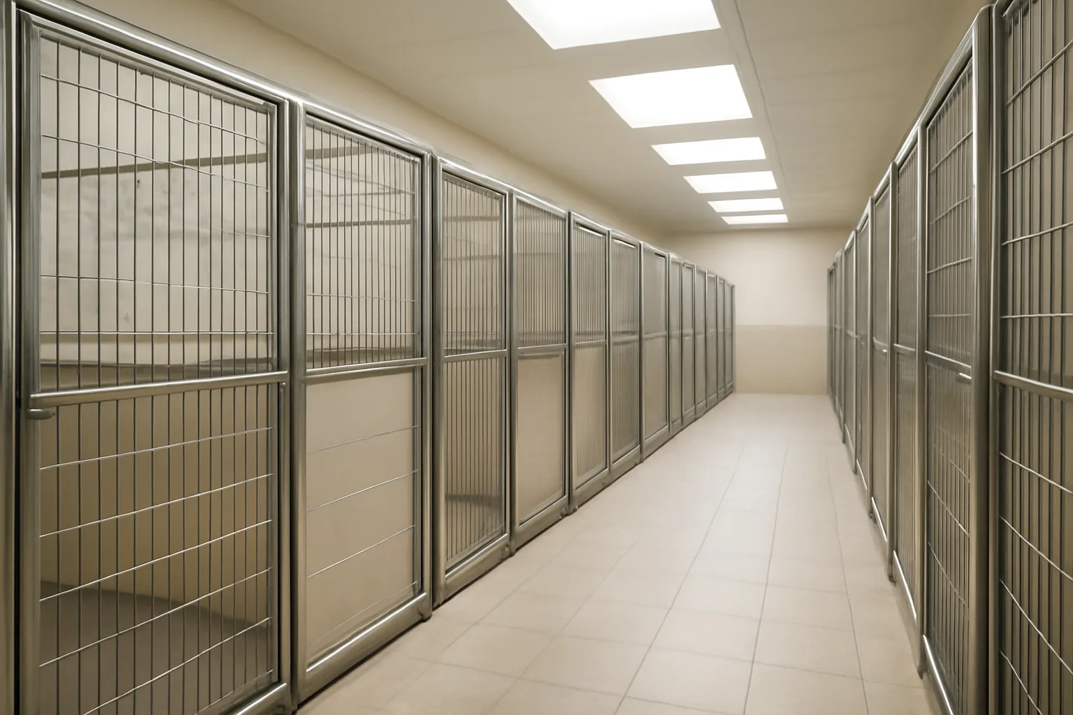 Clean rows of kennel runs inside a licensed Illinois dog boarding facility