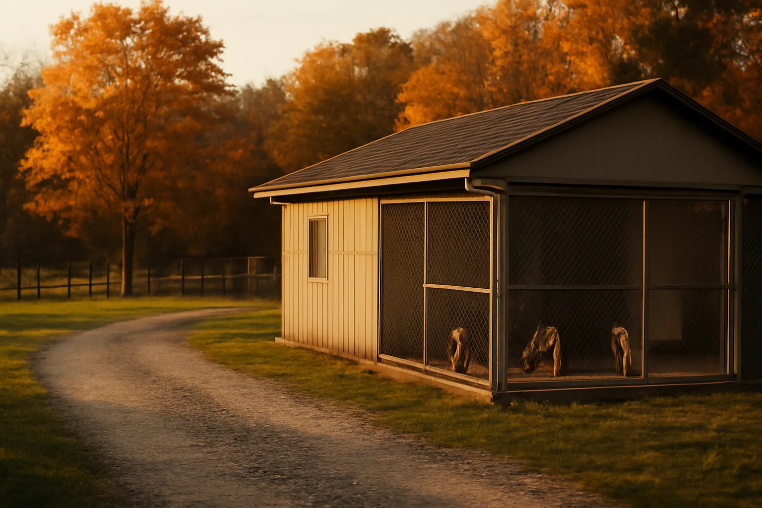 Fenced kennel building on an Ohio property with dogs in an outdoor run