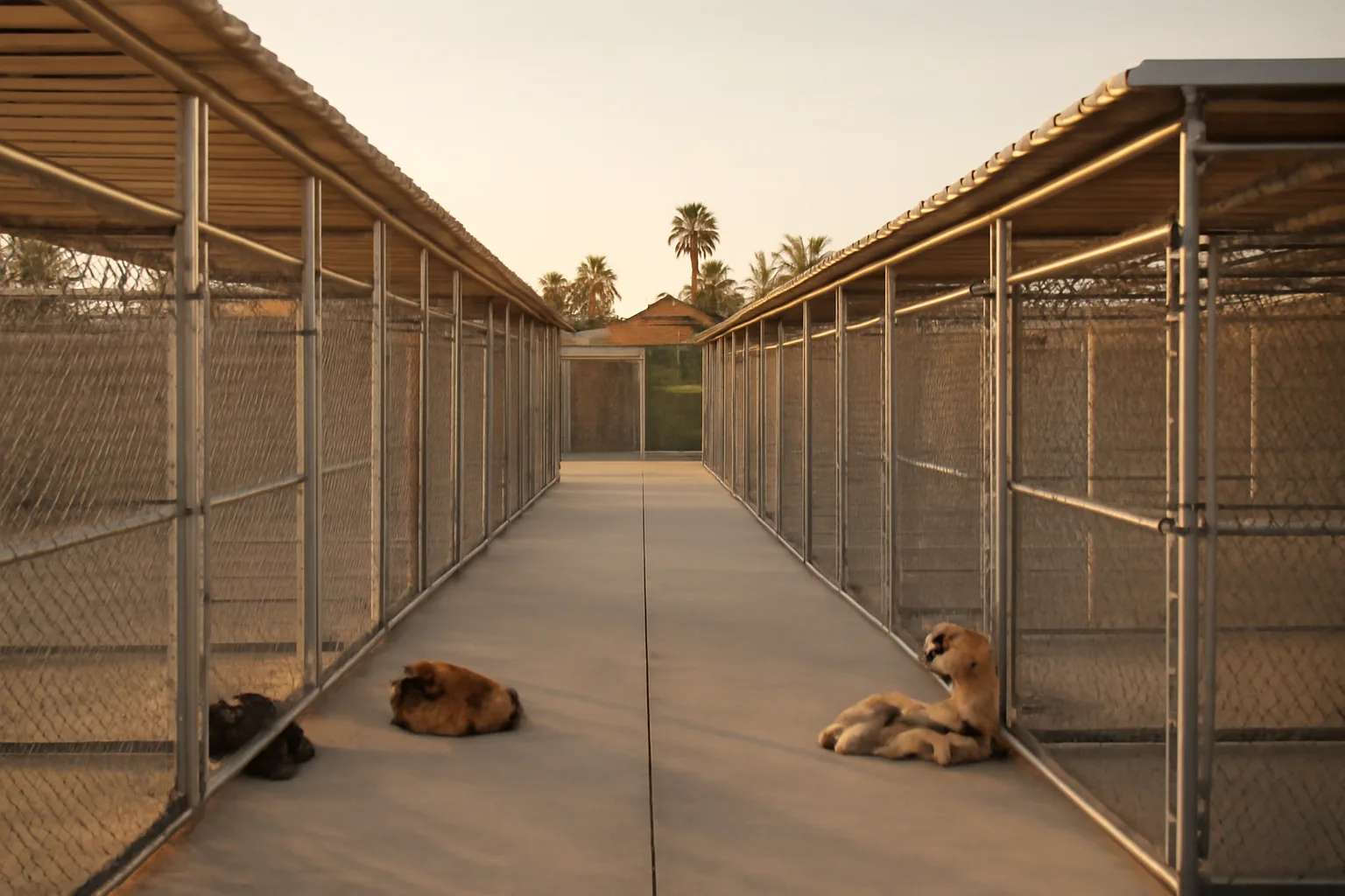 Outdoor dog kennel runs at a licensed boarding facility in Los Angeles County