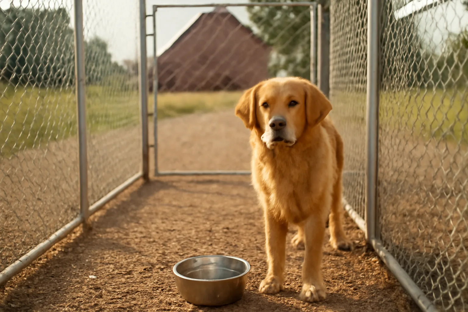 Outdoor kennel run with a dog, illustrating Michigan kennel license facility requirements