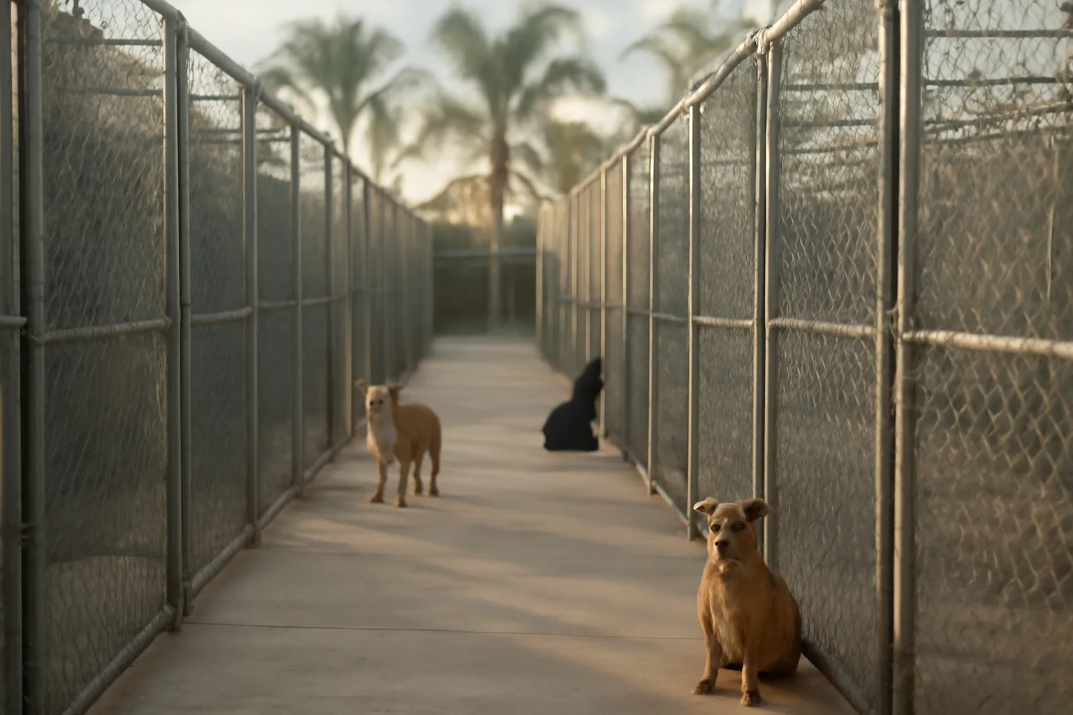 Outdoor dog kennel runs at a Florida boarding facility in morning light