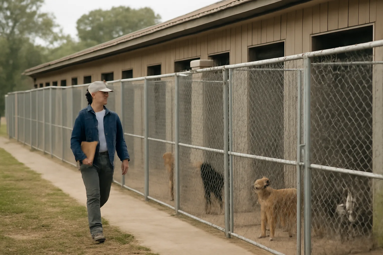Outdoor kennel runs at a licensed commercial dog boarding facility in daylight
