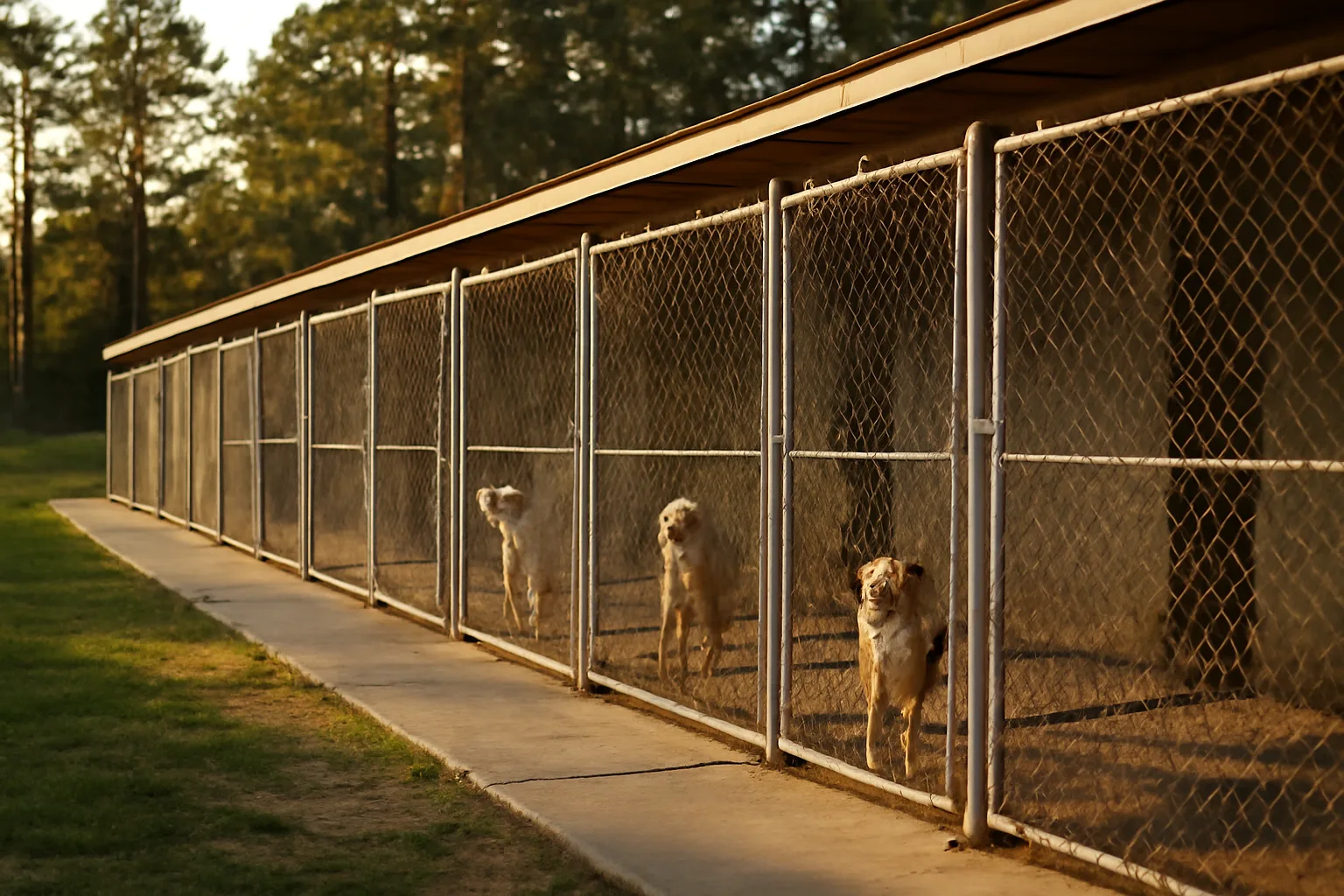 Outdoor dog kennel runs at a North Carolina boarding facility in late afternoon light