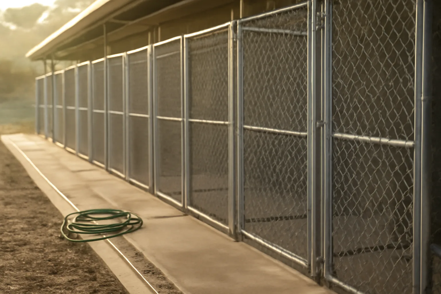 Outdoor kennel runs with drainage and fencing typical of a licensed Riverside County boarding facility