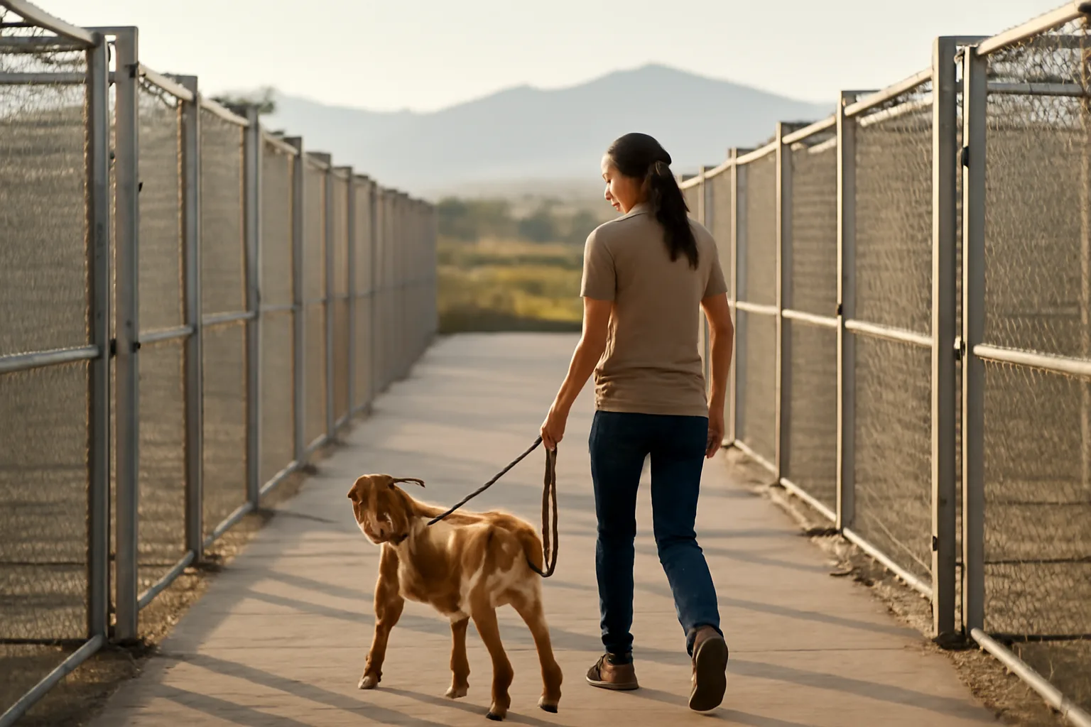 Outdoor kennel runs at a Utah dog boarding facility in morning light