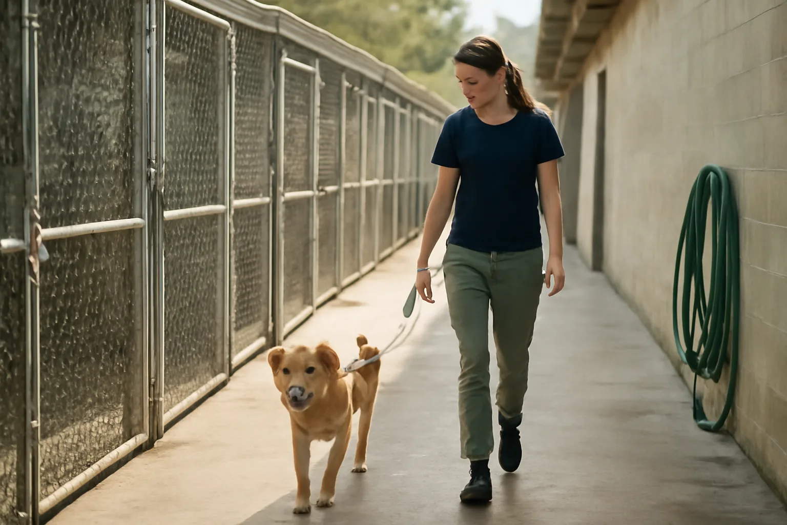 Kennel operator walking a dog past outdoor runs at a licensed boarding facility