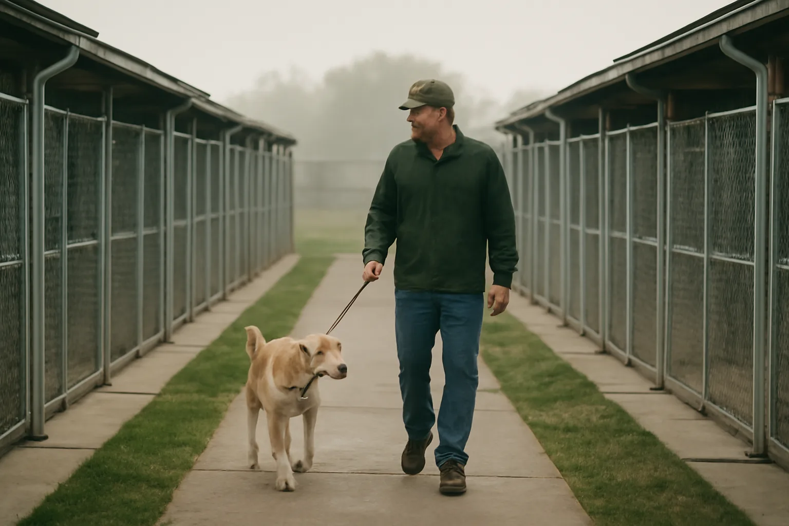 Outdoor dog runs at a licensed Pennsylvania boarding kennel in early morning light