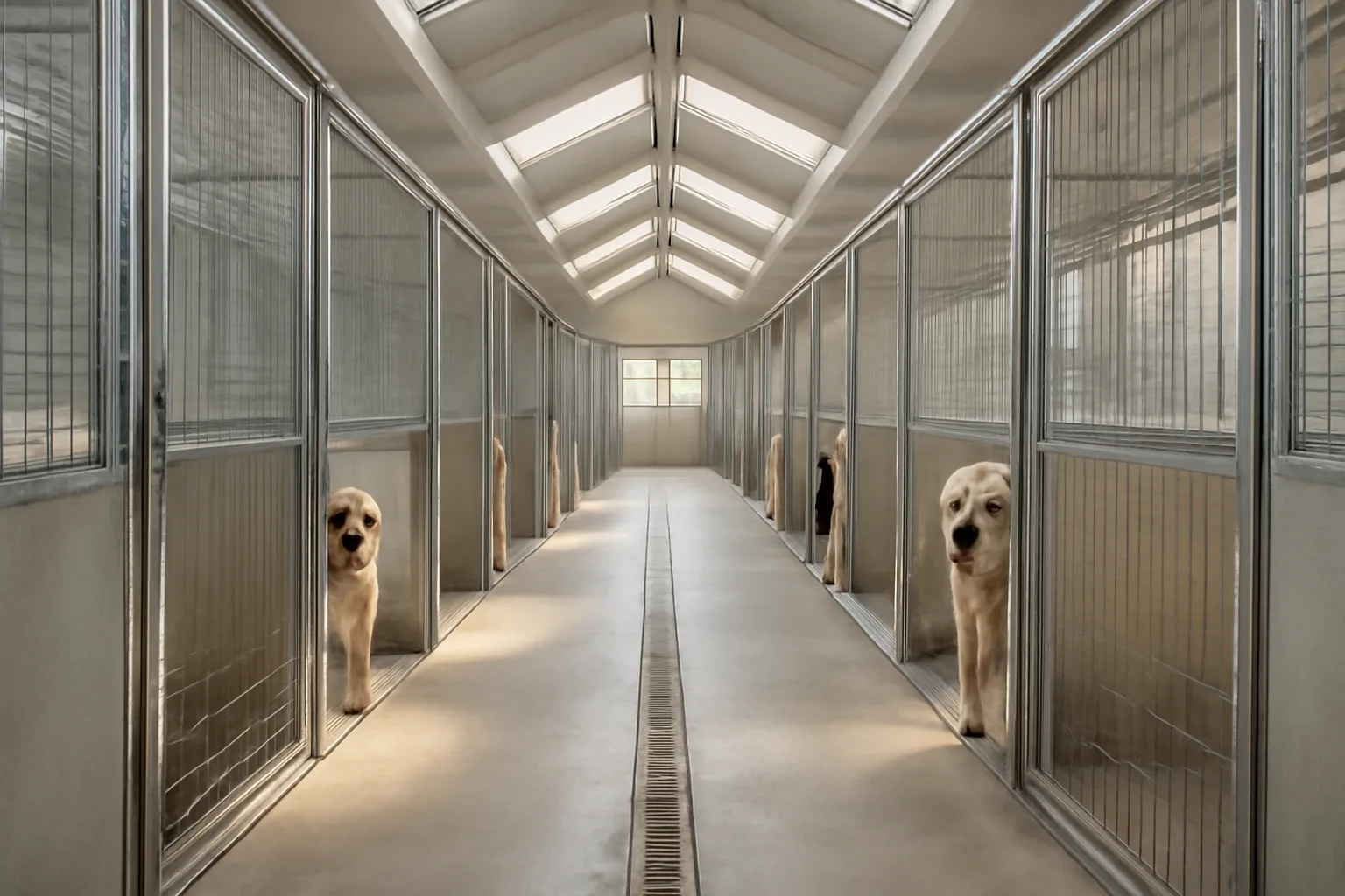 clean indoor kennel corridor with individual dog runs for dog boarding