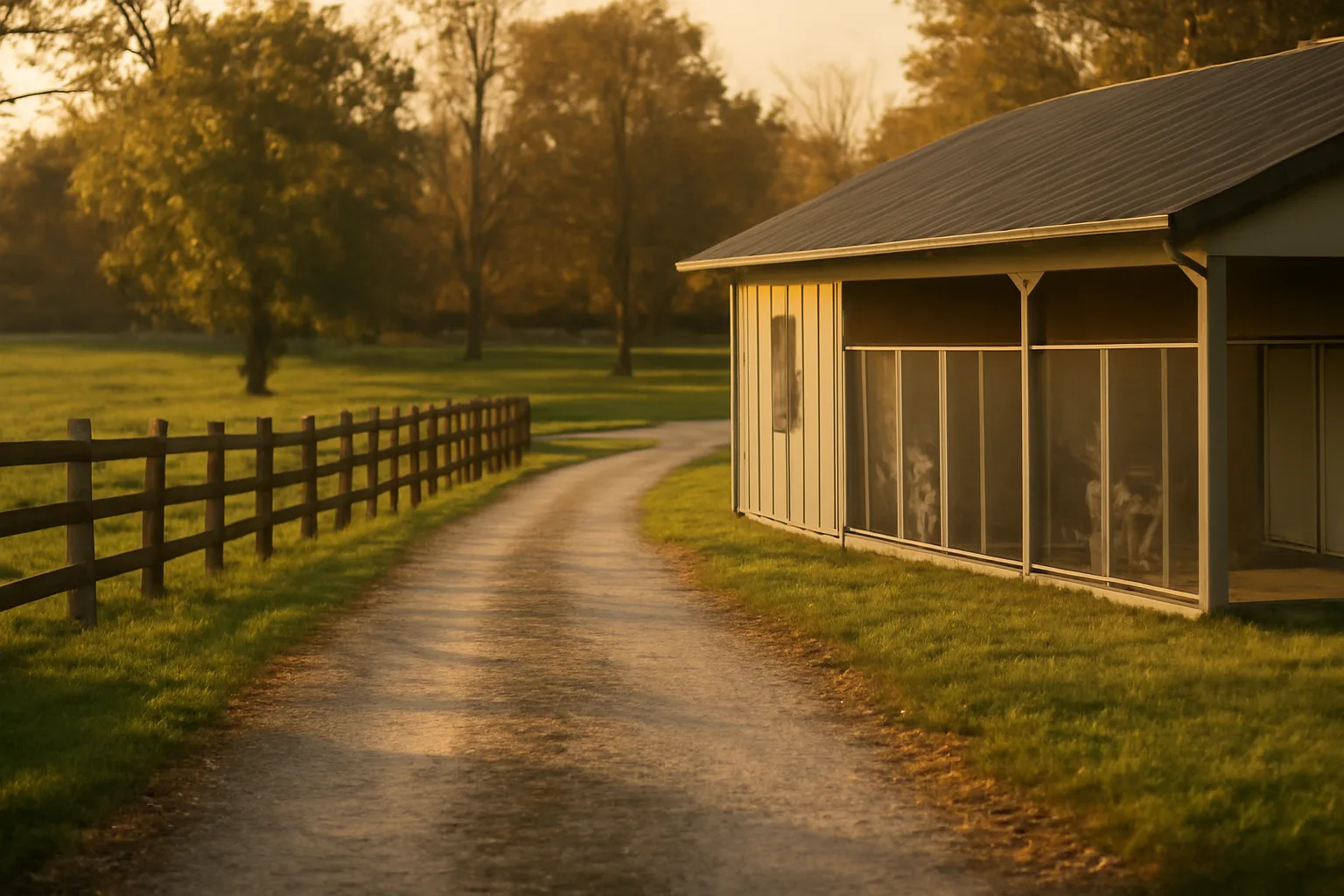 Rural Kentucky kennel building with fenced outdoor dog runs at sunset