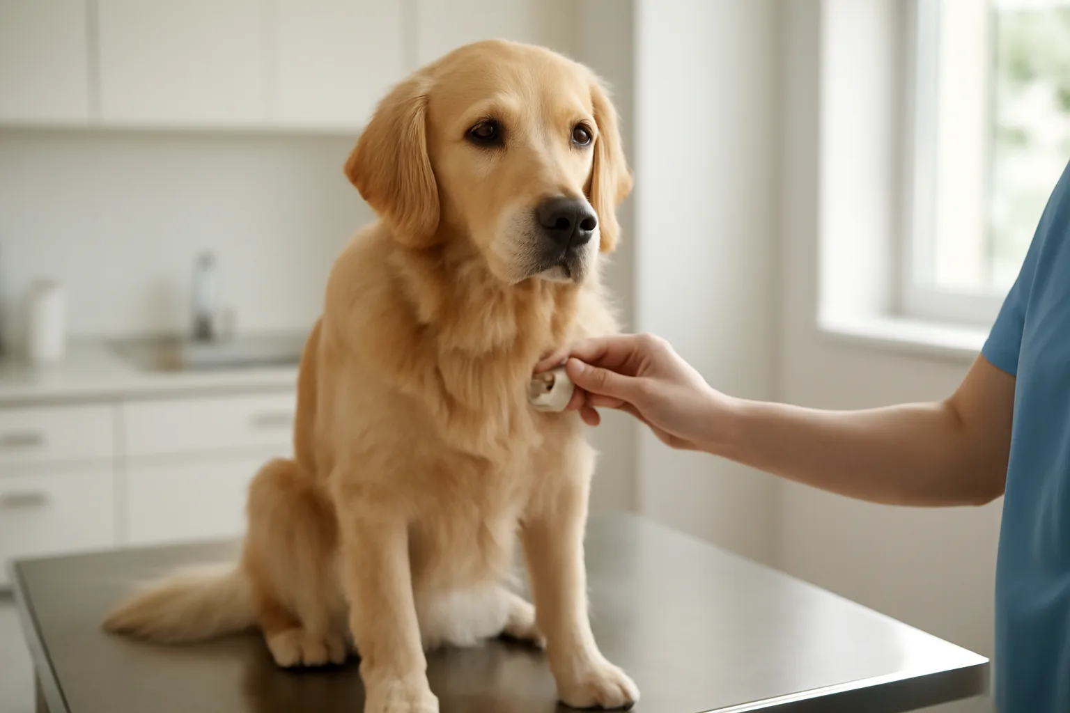 Dog getting a collar tag checked during a routine clinic visit