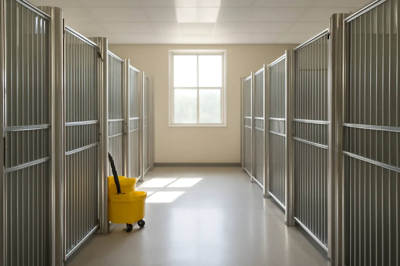 Empty indoor dog boarding kennel hallway showing individual runs and stainless steel gates