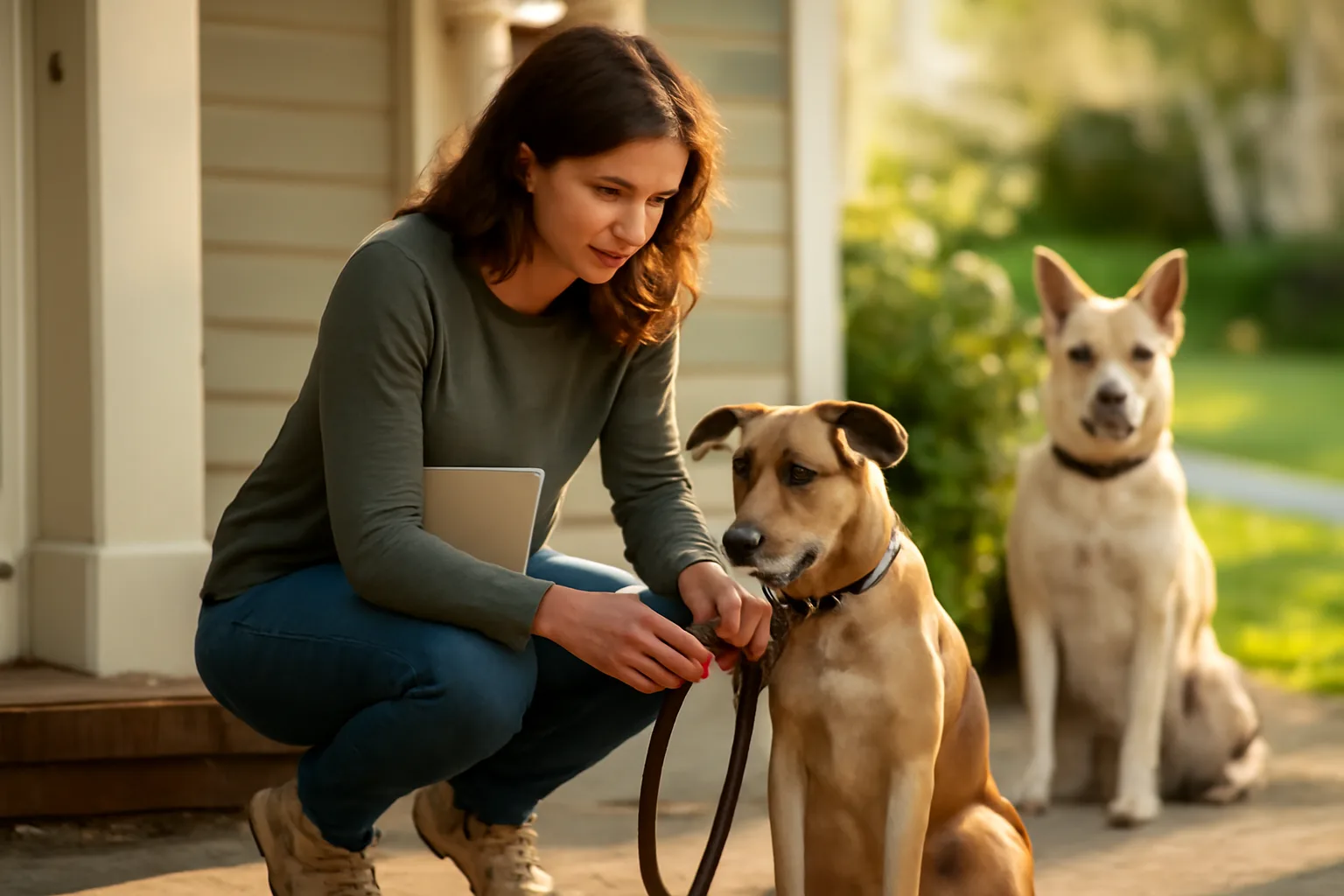 Dog sitter attaching a leash to a dog on a porch before a walk