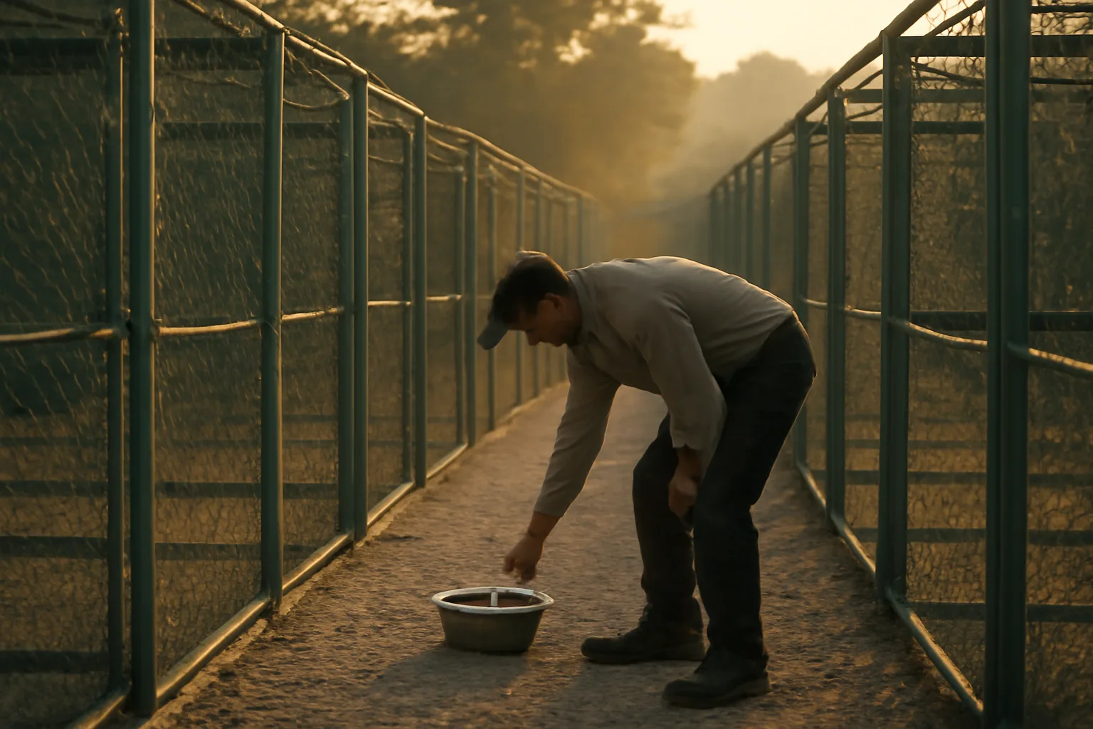 Licensed dog breeder checking outdoor kennel runs in early morning light