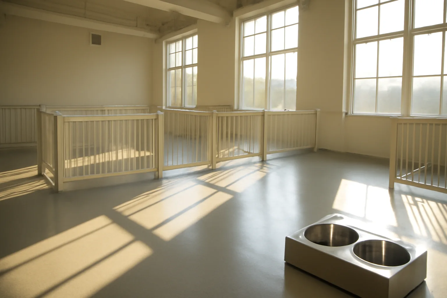 empty licensed dog daycare play area with sealed flooring and morning light