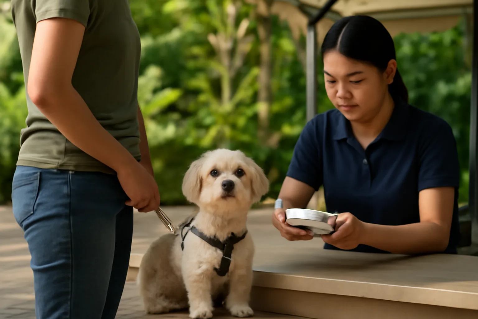 Owner and dog at an outdoor Singapore pet licensing counter with microchip scanner