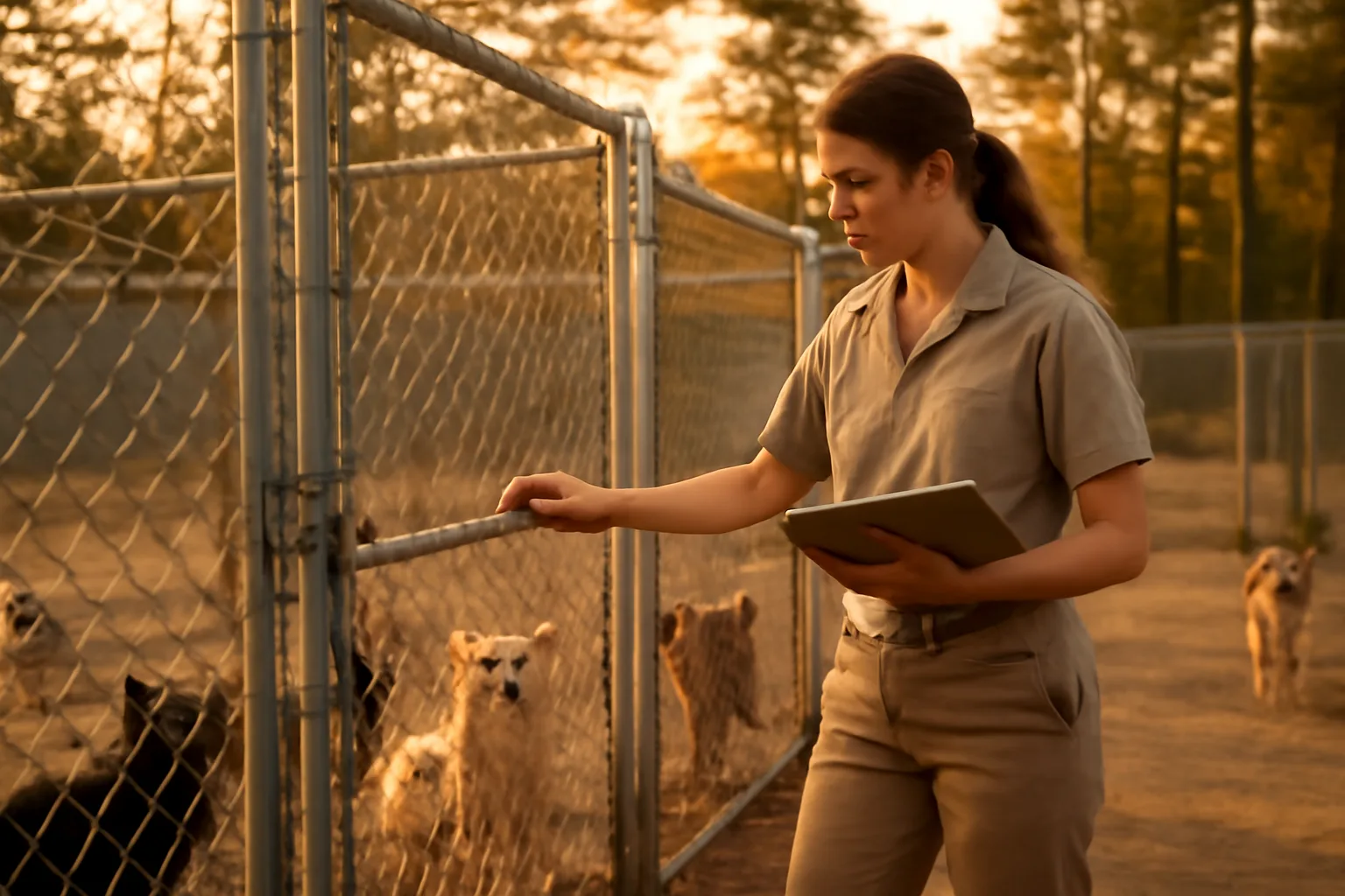 Operator checking outdoor dog runs at a North Carolina boarding kennel at dusk