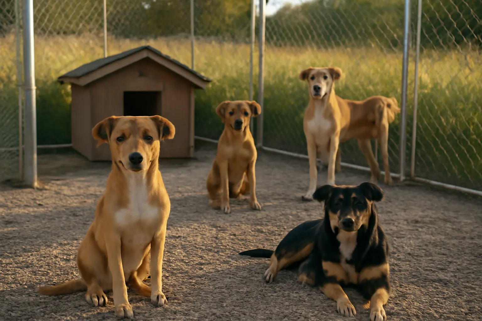 Backyard non-commercial kennel setup with fenced dog runs and several dogs at dusk