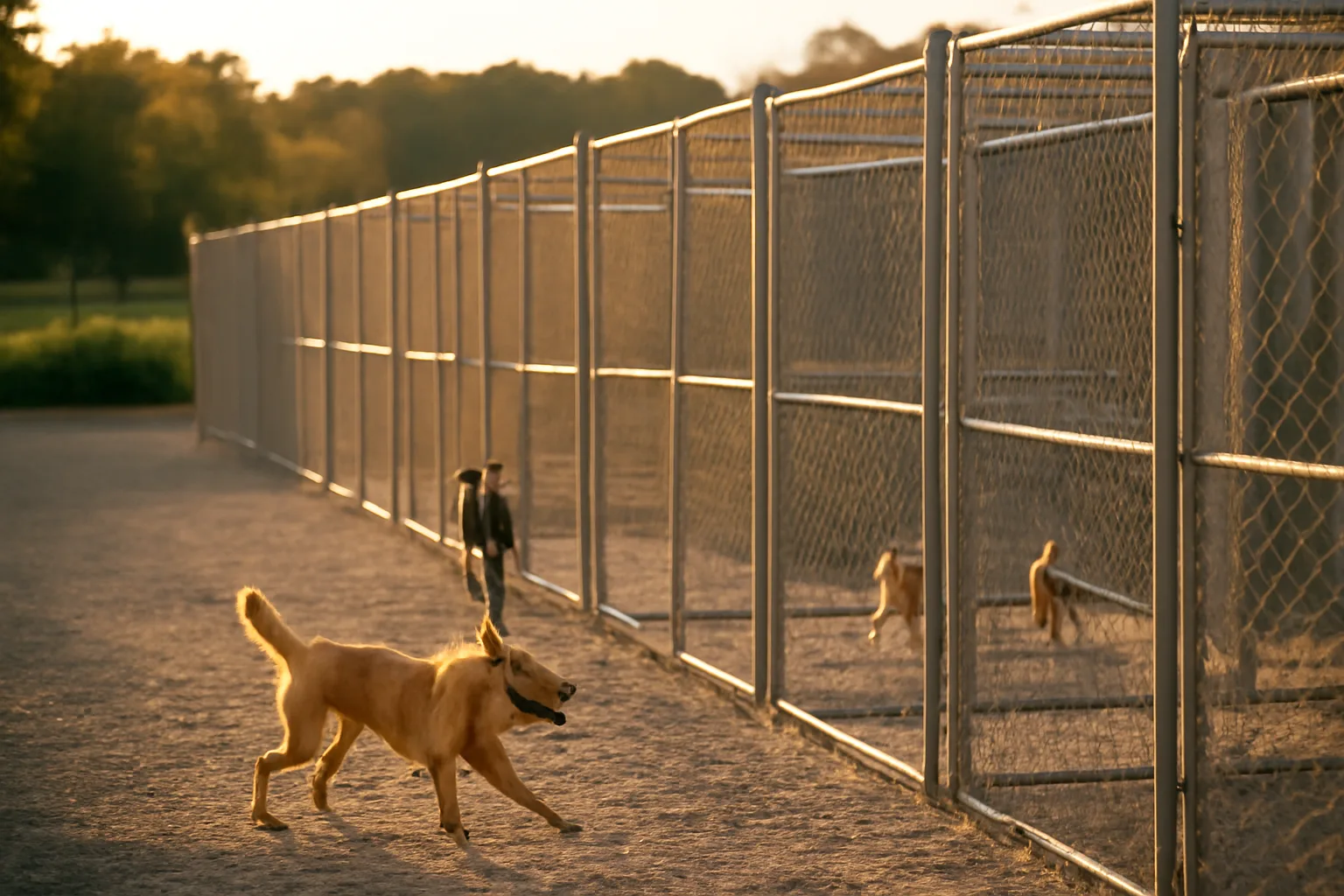 Outdoor dog runs at a licensed New York boarding kennel in late afternoon light