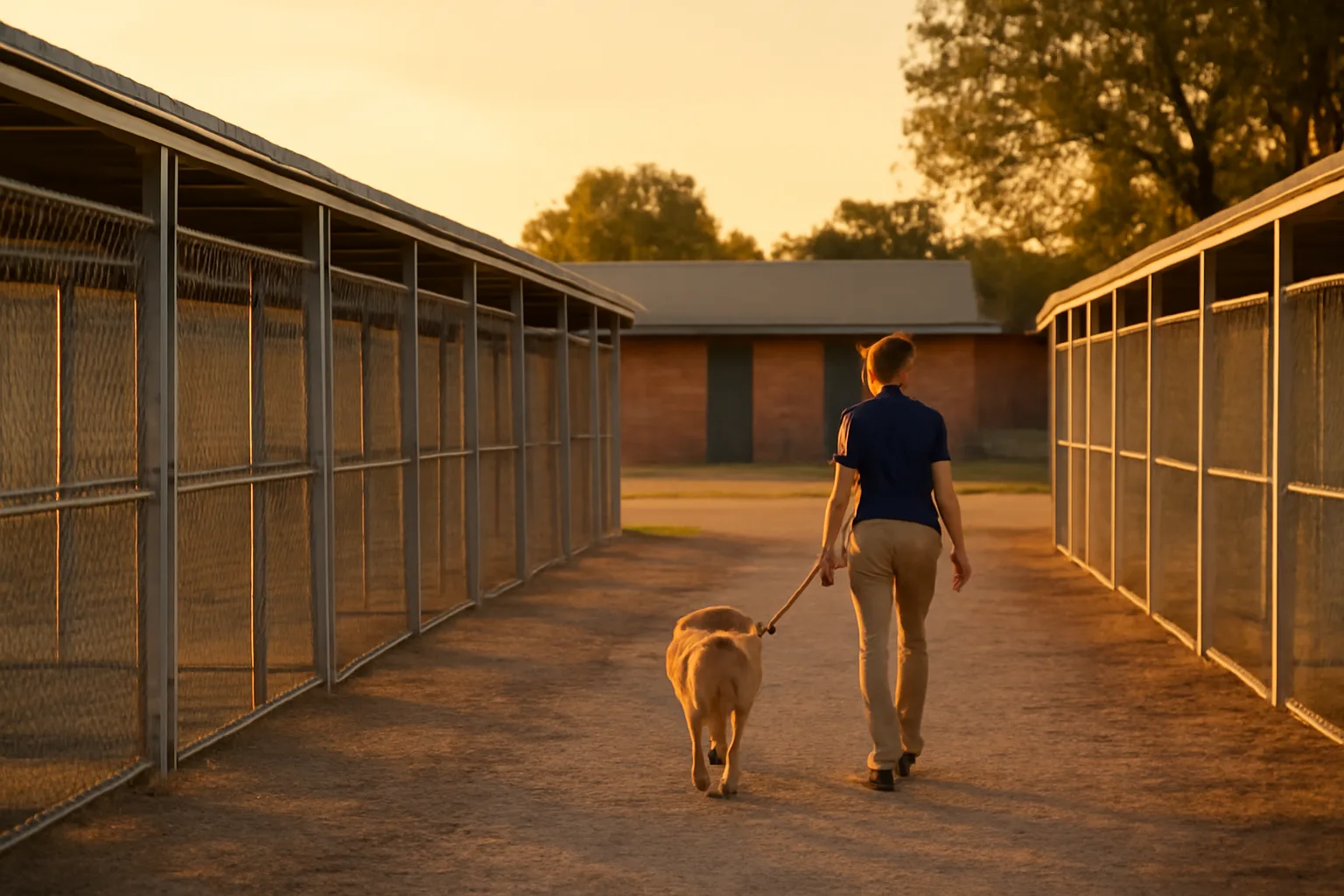 Outdoor dog runs at an Oklahoma boarding kennel facility at sunset