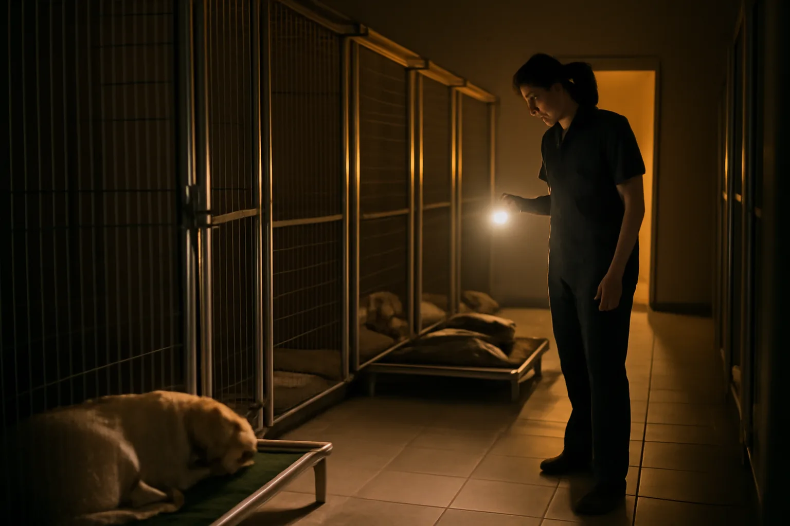 Staff member checking on dogs during overnight boarding at a kennel facility