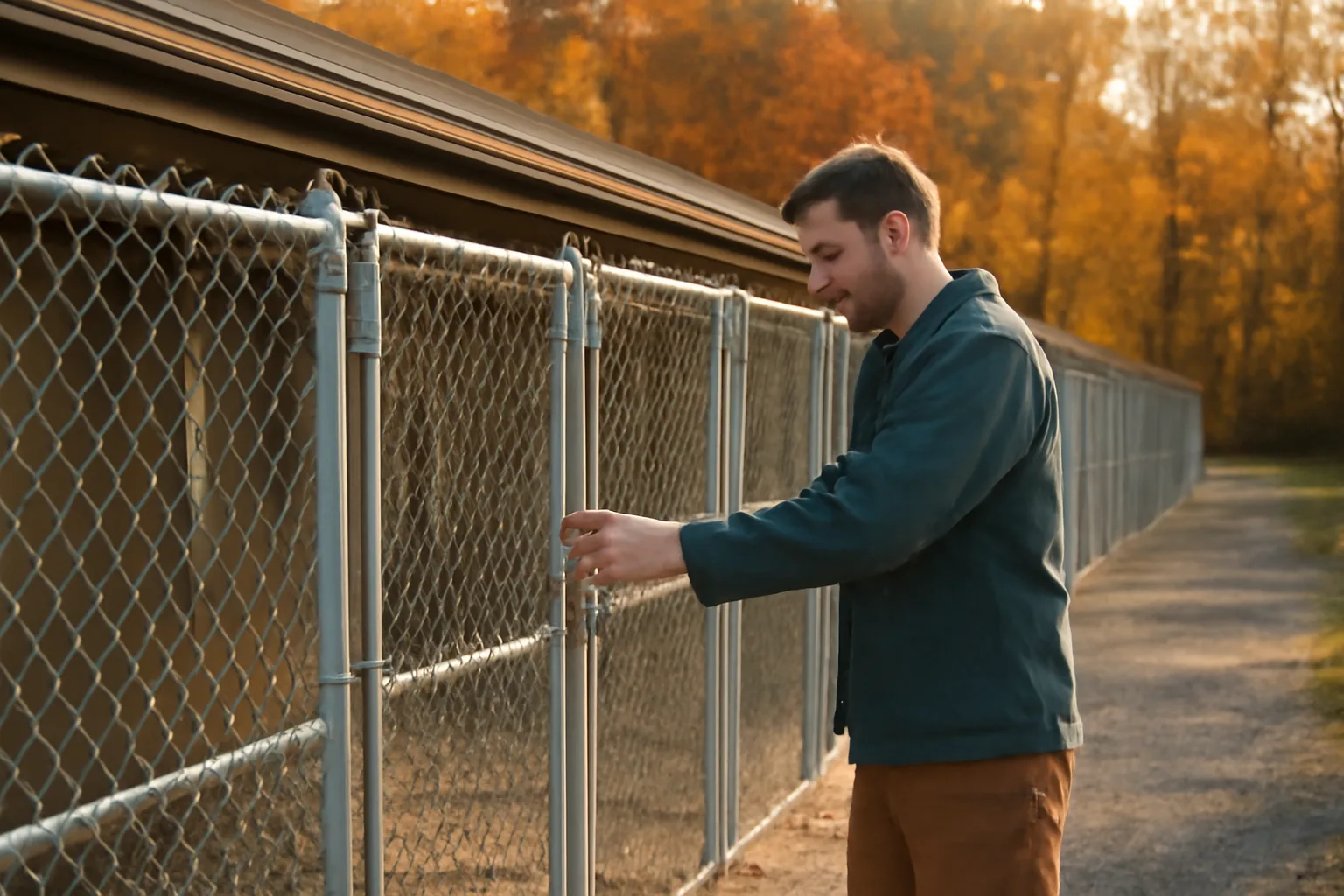 Kennel operator checking a run gate at a Pennsylvania boarding facility