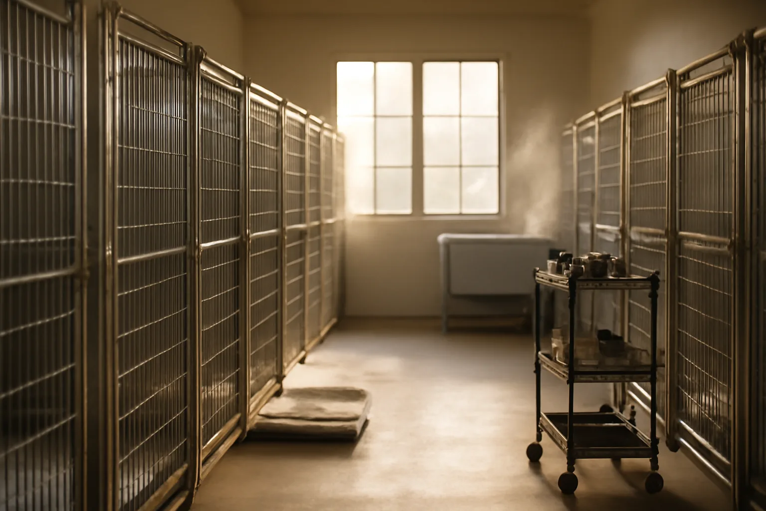 Sunlit hallway inside a pet boarding and grooming facility with clean dog runs