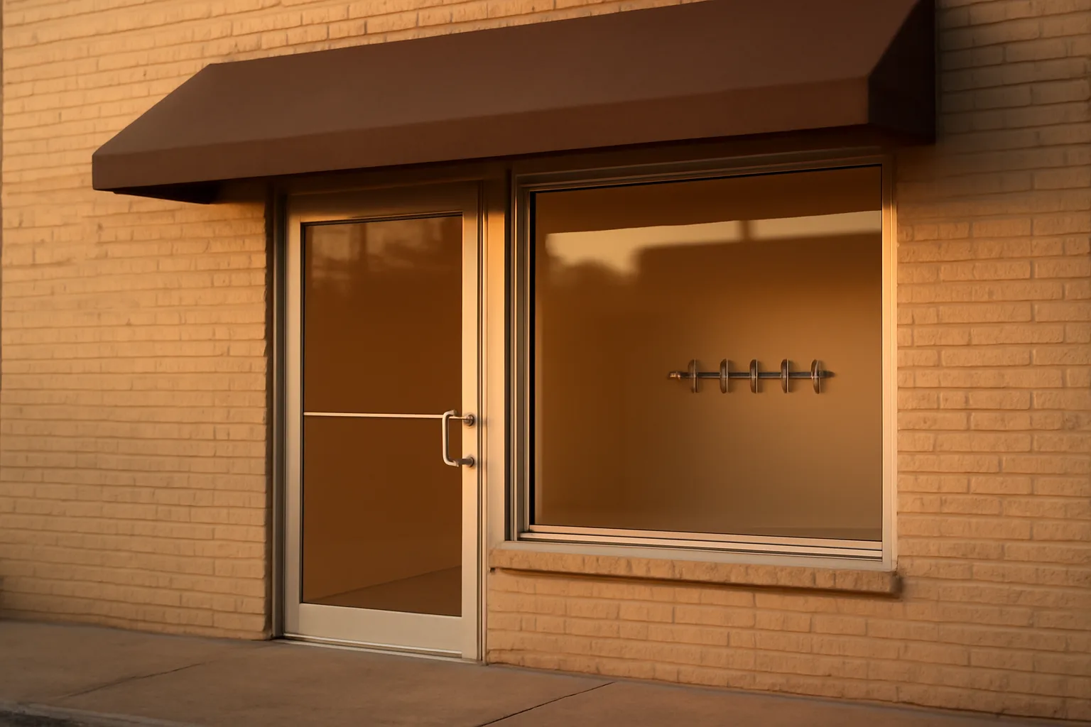 Exterior of a small pet boarding business storefront at golden hour with no visible signage