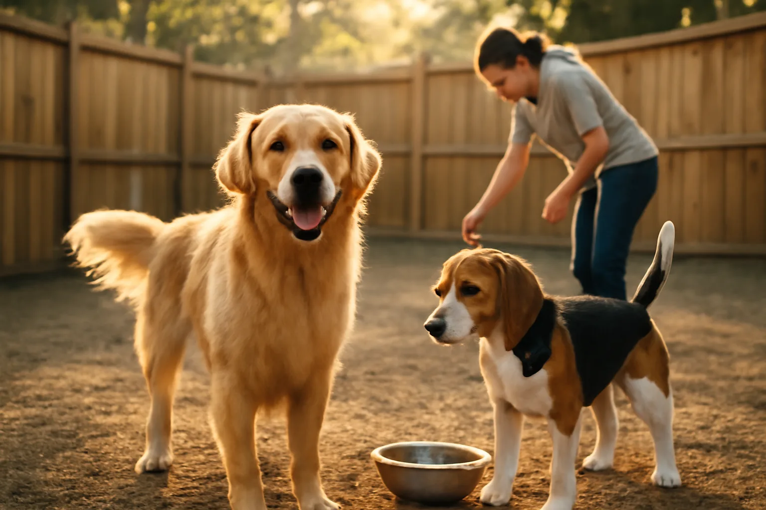 Two dogs playing in an outdoor yard at a Charlotte NC pet boarding facility